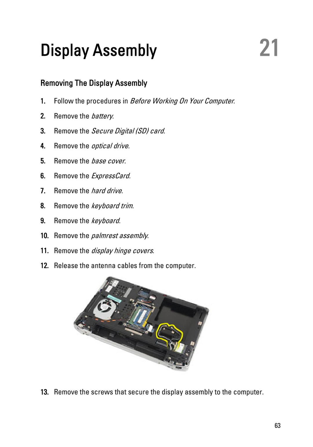 Dell Latitude E6320 owner manual Removing The Display Assembly 