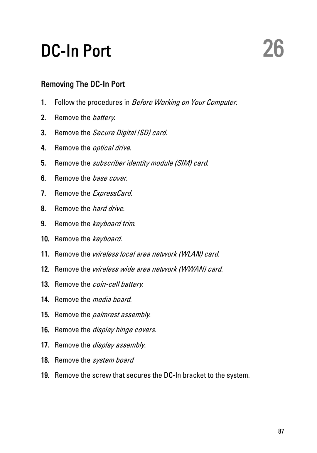 Dell Latitude E6320 owner manual Removing The DC-In Port 