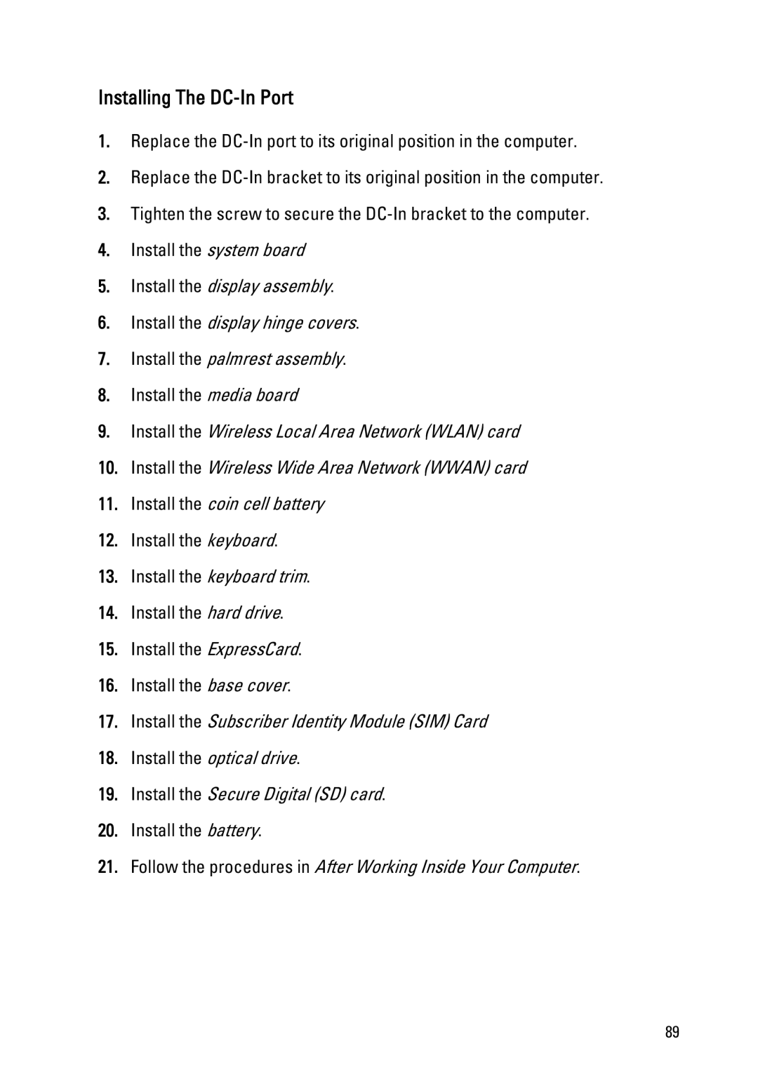 Dell Latitude E6320 owner manual Installing The DC-In Port 