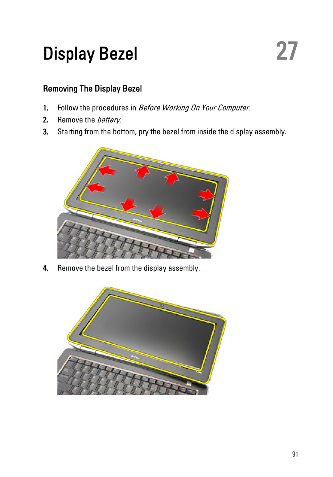 Dell Latitude E6320 owner manual Removing The Display Bezel 