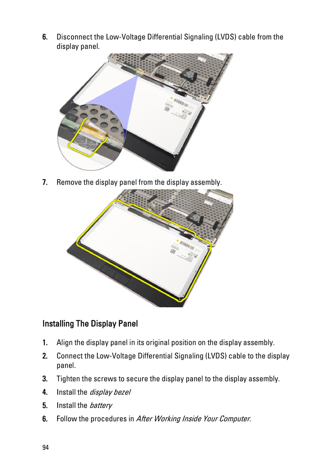 Dell Latitude E6320 owner manual Installing The Display Panel 