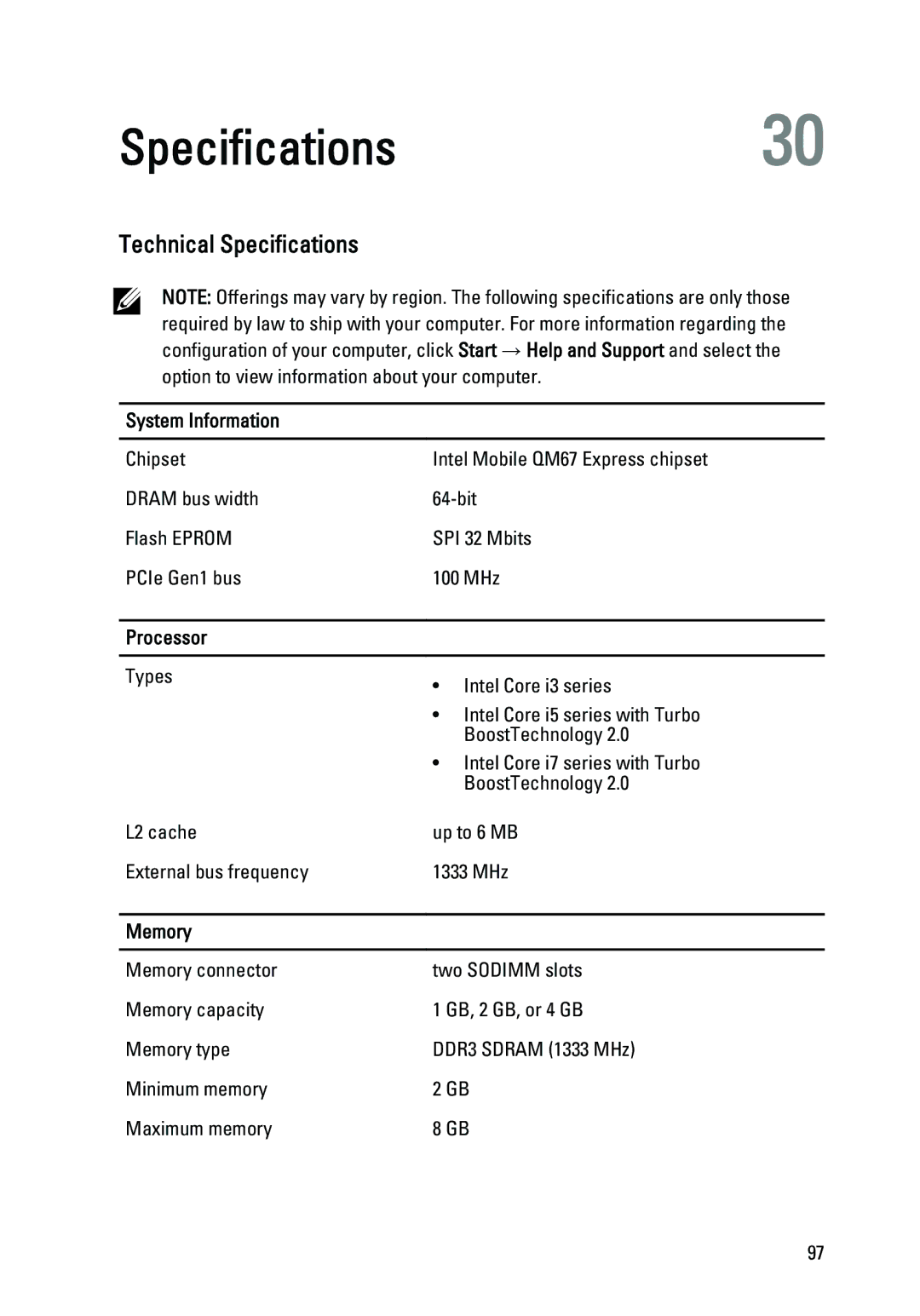 Dell Latitude E6320 owner manual Specifications30, Technical Specifications, System Information, Processor, Memory 