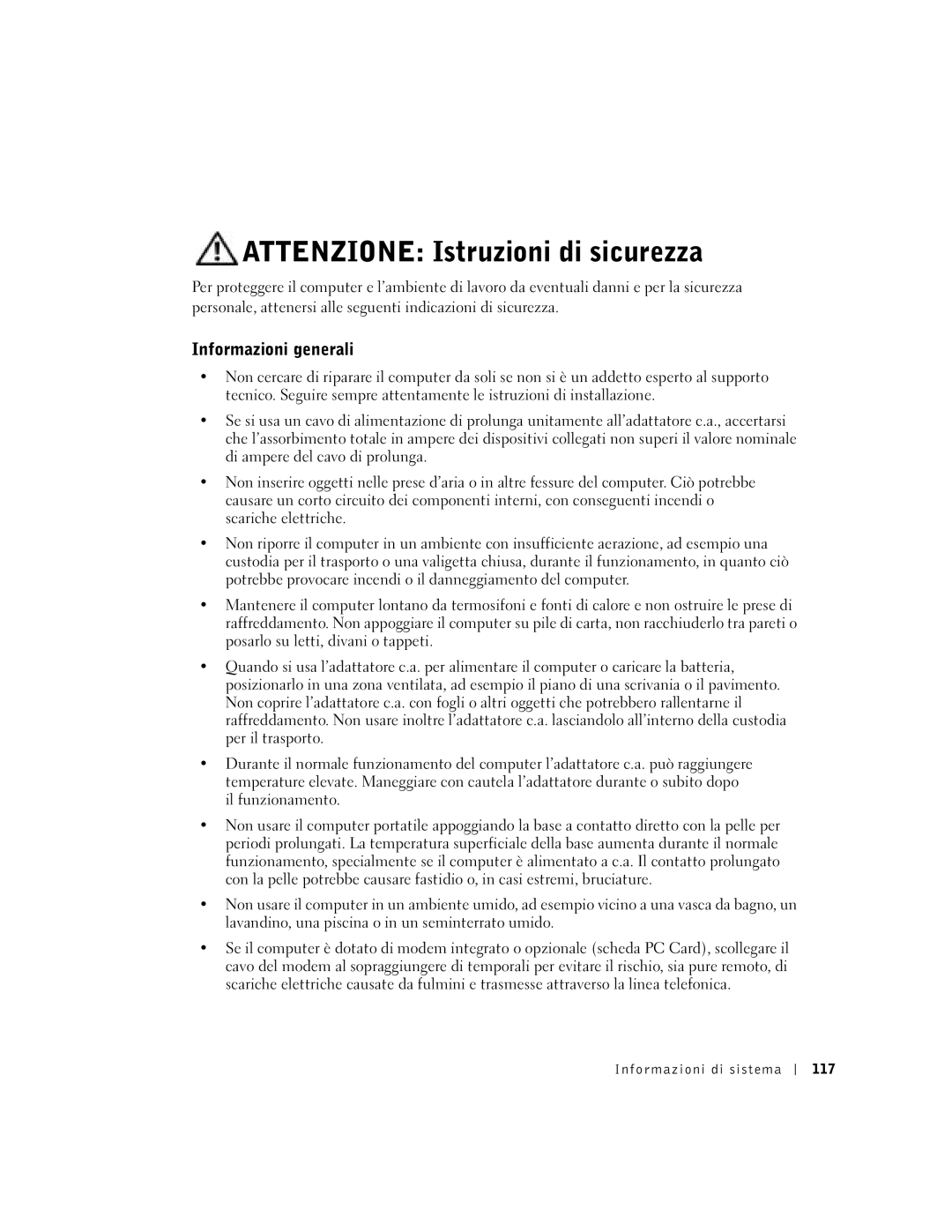 Dell Lattitude D600 manual Attenzione Istruzioni di sicurezza, Informazioni generali, Informazioni di sistema 117 