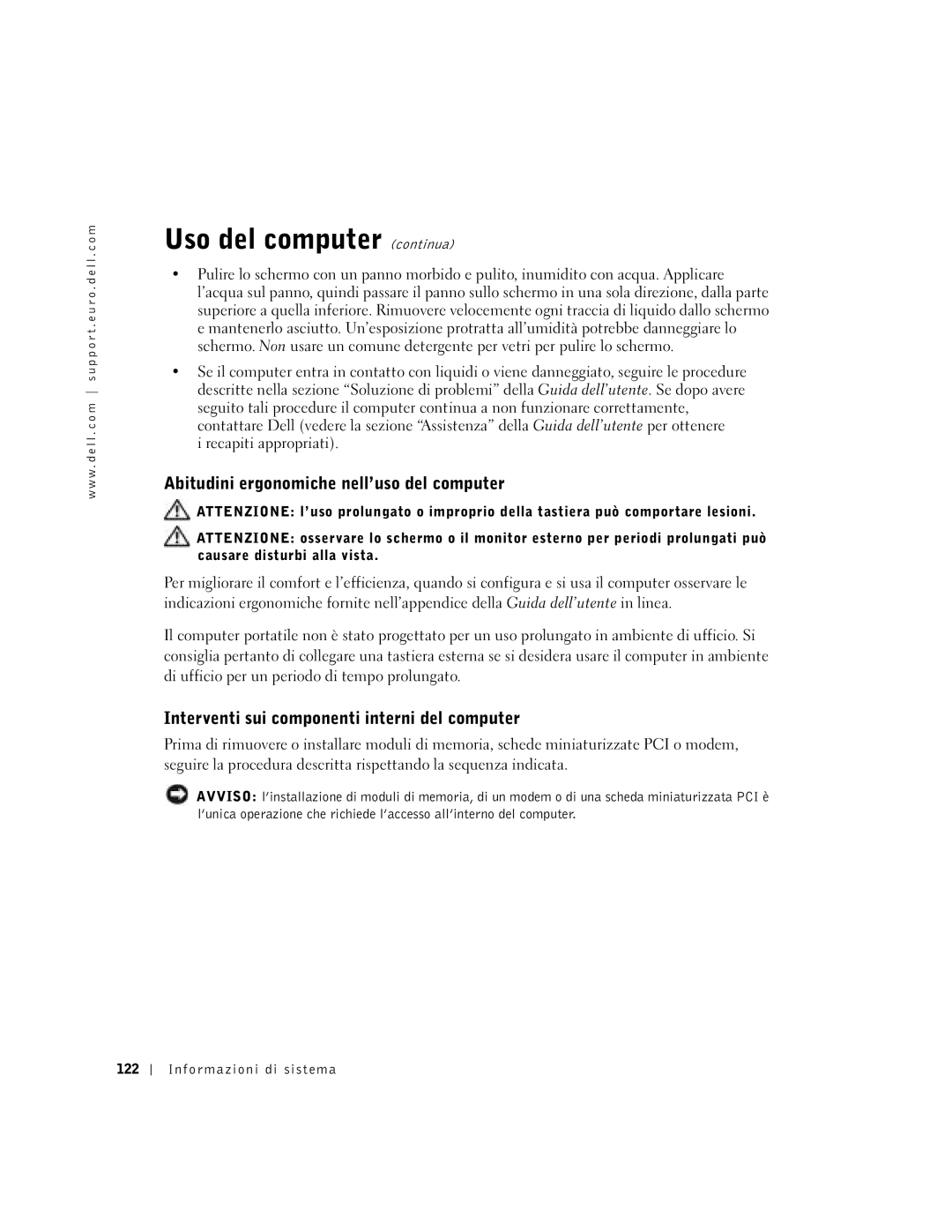 Dell Lattitude D600 manual Uso del computer continua, Abitudini ergonomiche nell’uso del computer 