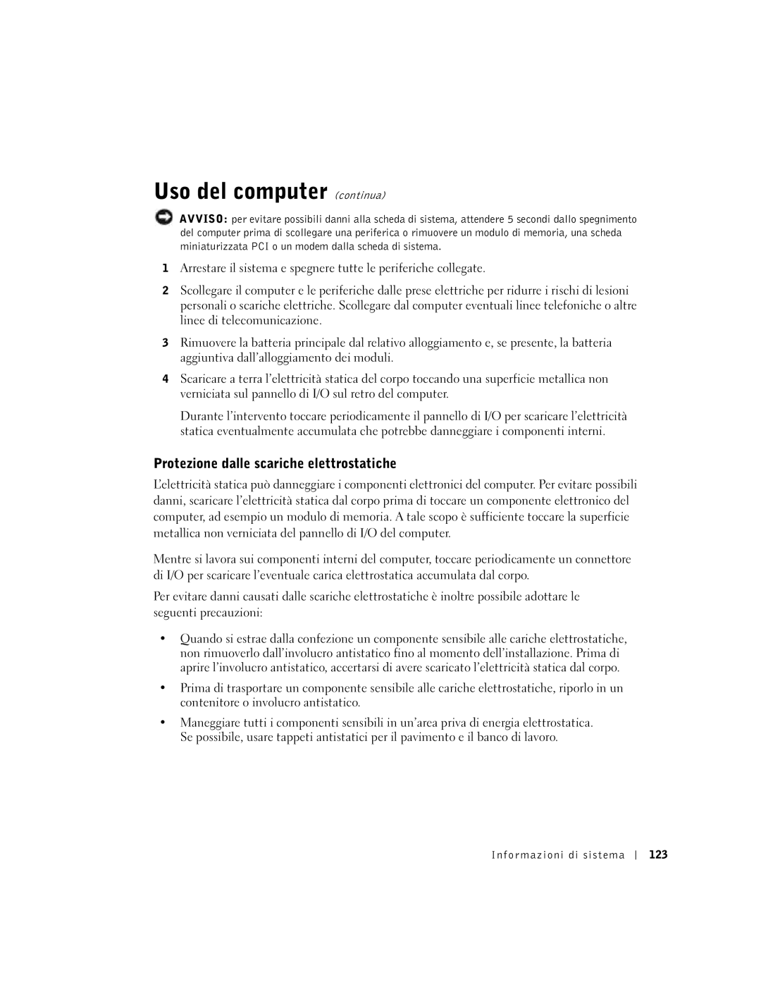 Dell Lattitude D600 manual Protezione dalle scariche elettrostatiche, Informazioni di sistema 123 