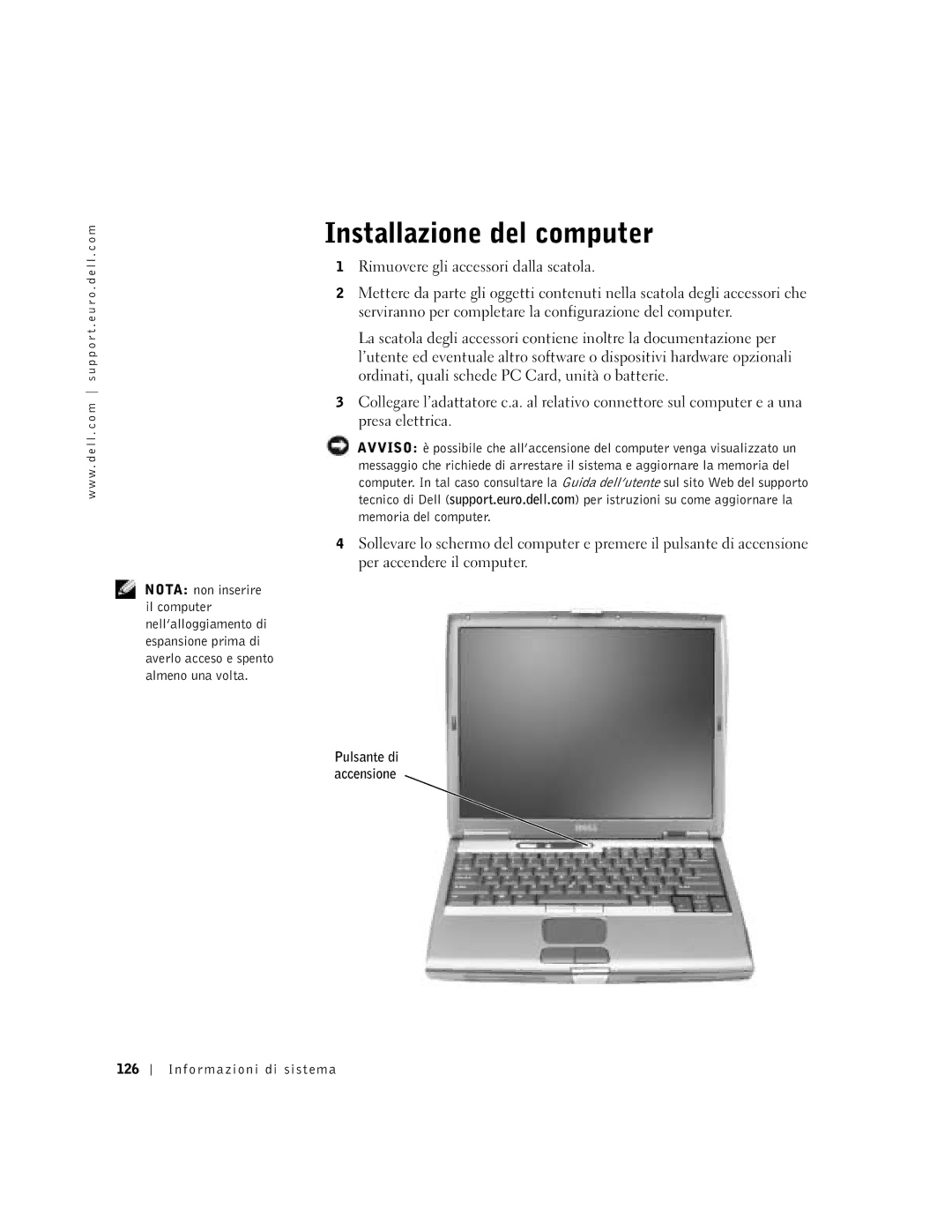 Dell Lattitude D600 manual Installazione del computer, Informazioni di sistema 