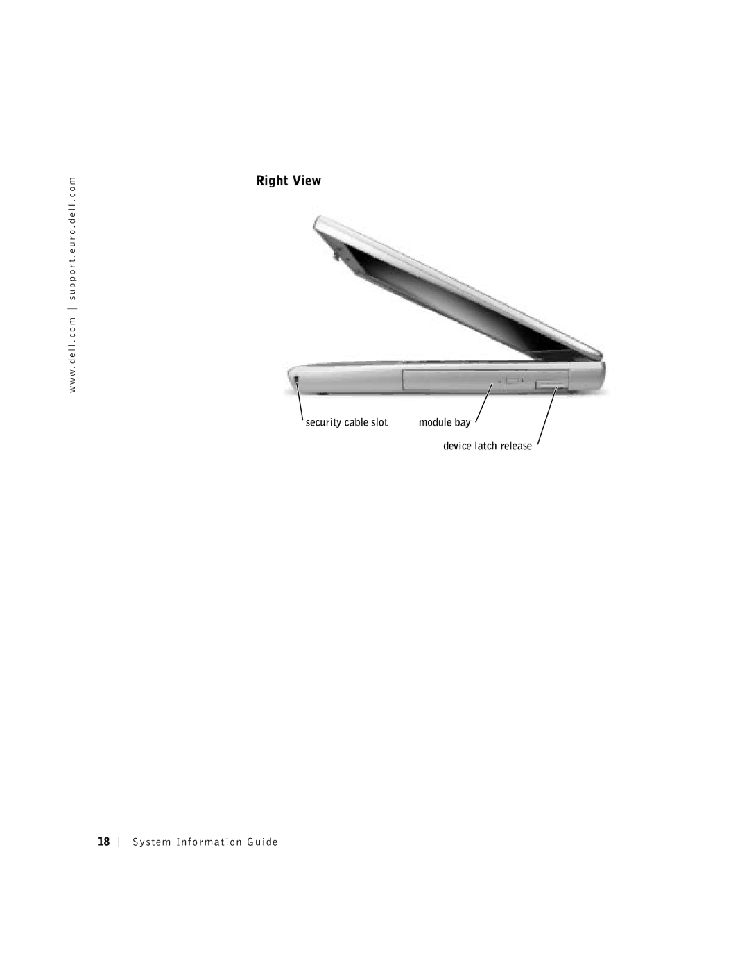 Dell Lattitude D600 manual Right View, Device latch release System Information Guide 