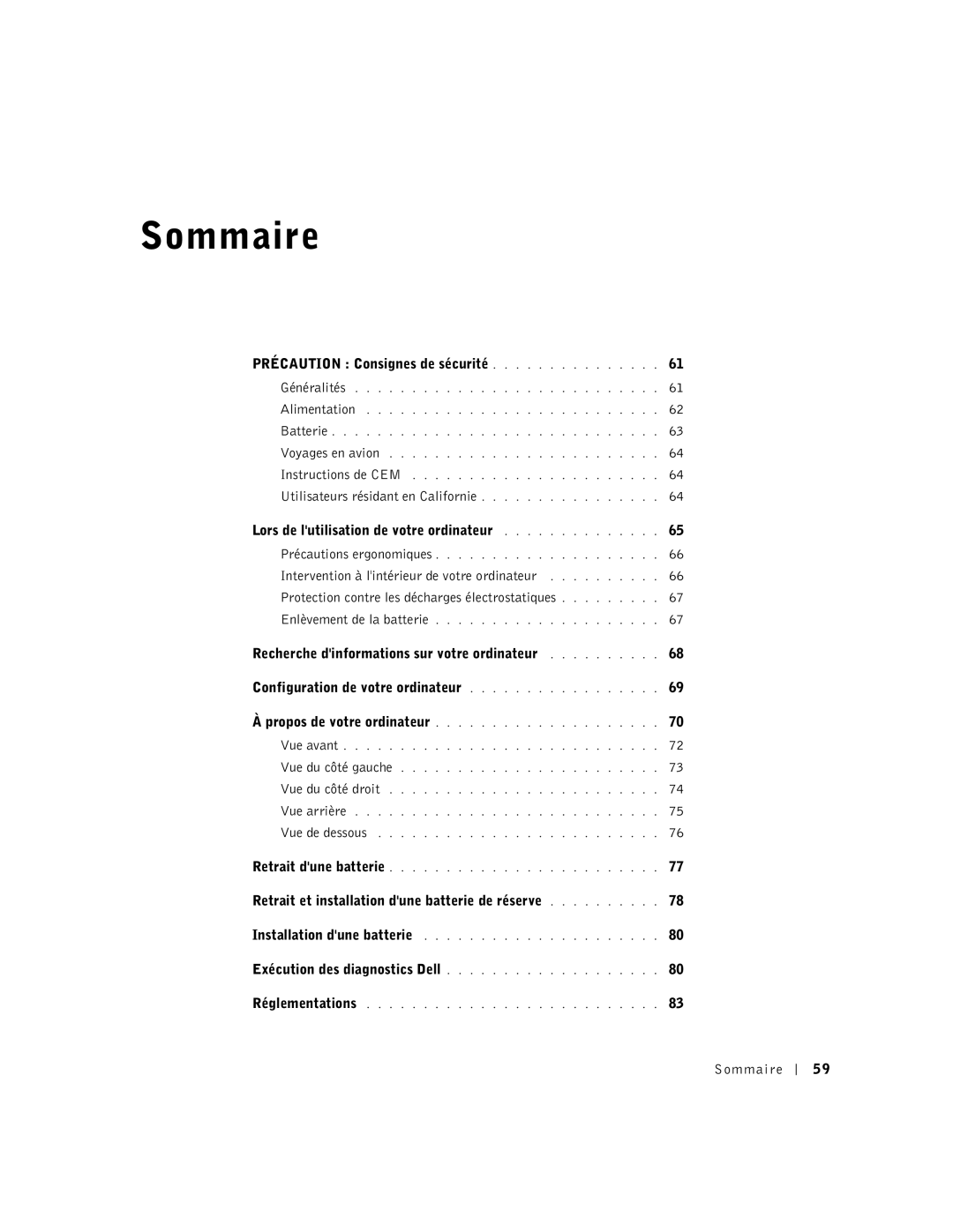 Dell Lattitude D600 manual Précaution Consignes de sécurité, Retrait et installation dune batterie de réserve, Sommaire 