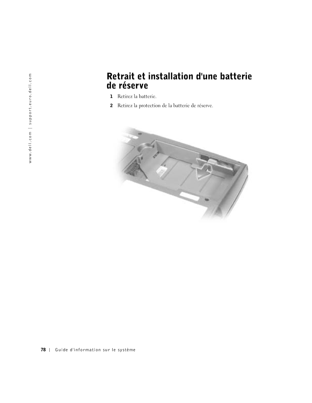 Dell Lattitude D600 manual Retrait et installation dune batterie de réserve 