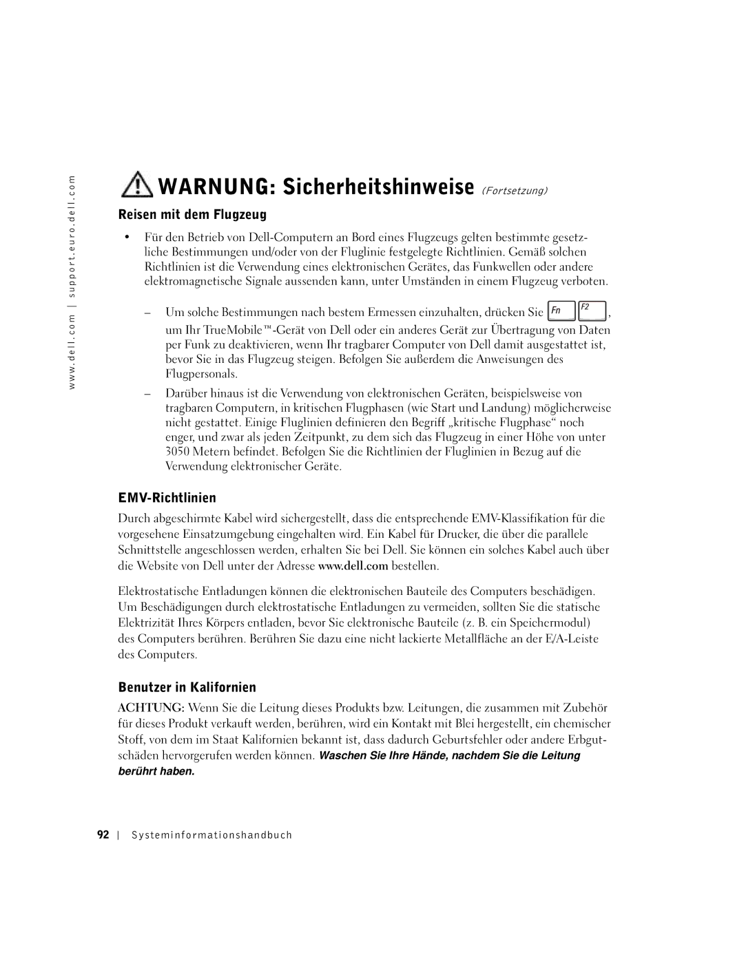 Dell Lattitude D600 manual Reisen mit dem Flugzeug, EMV-Richtlinien, Benutzer in Kalifornien 