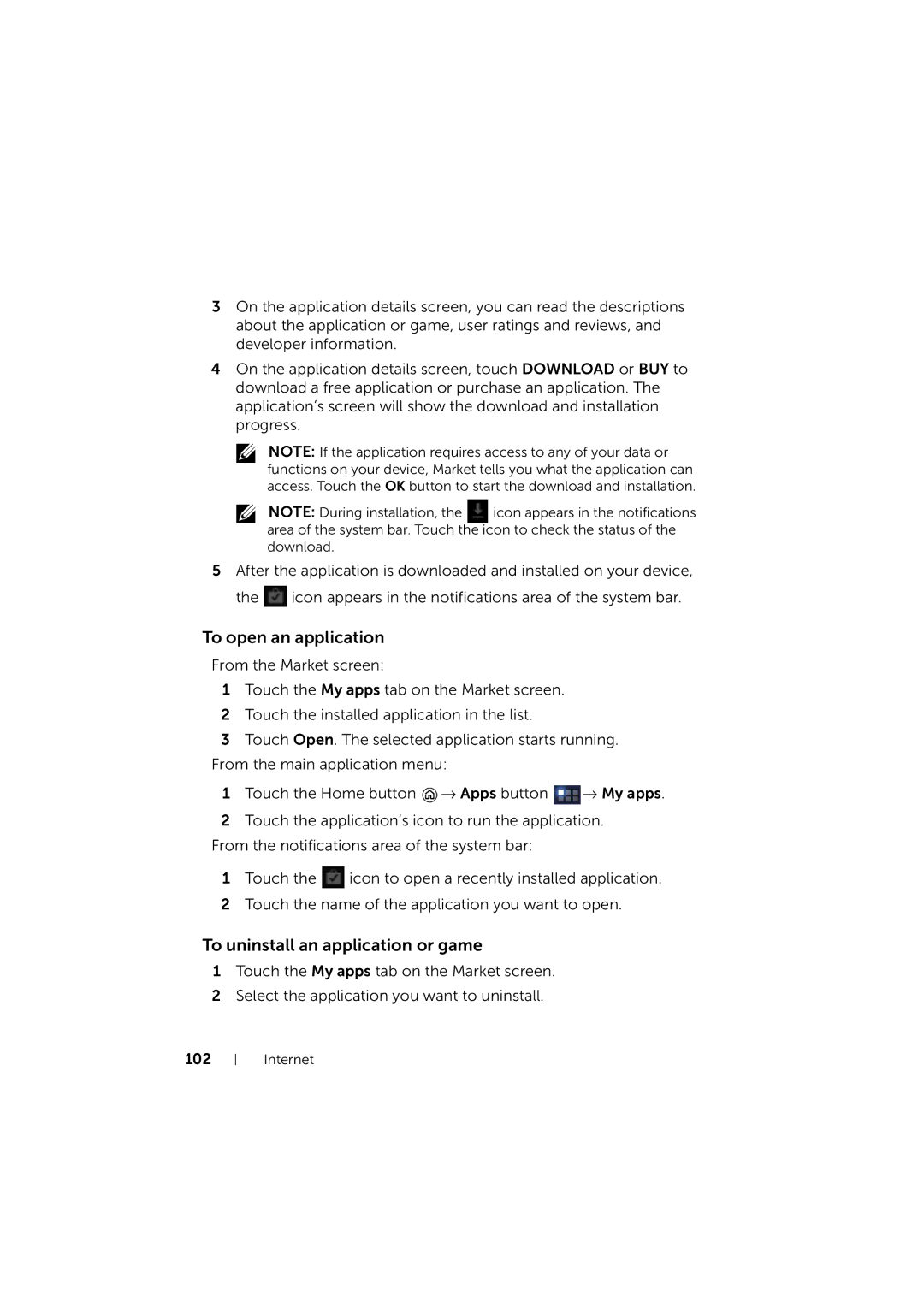 Dell LG7_bk0 user manual To open an application, To uninstall an application or game 