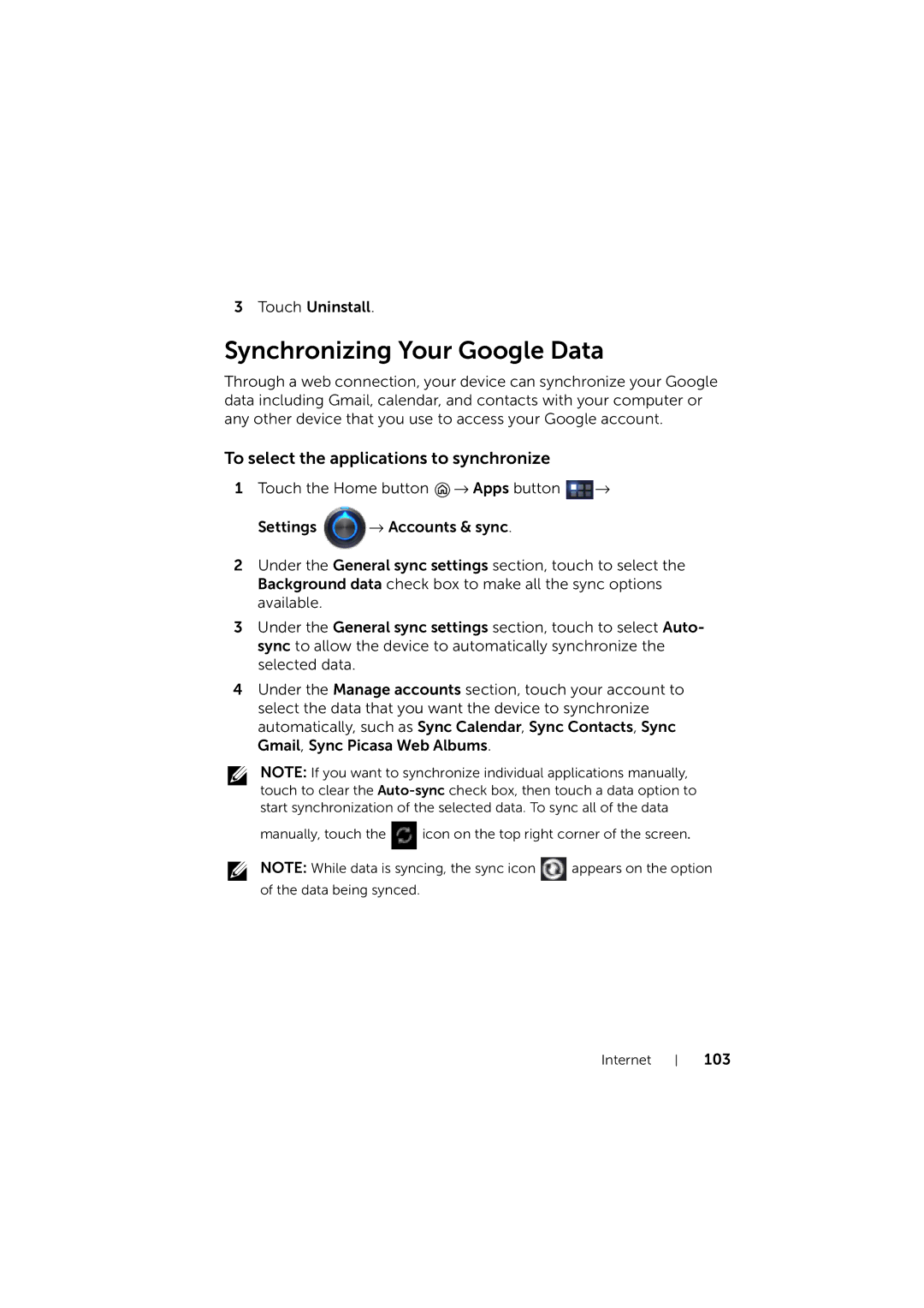 Dell LG7_bk0 user manual Synchronizing Your Google Data, To select the applications to synchronize 