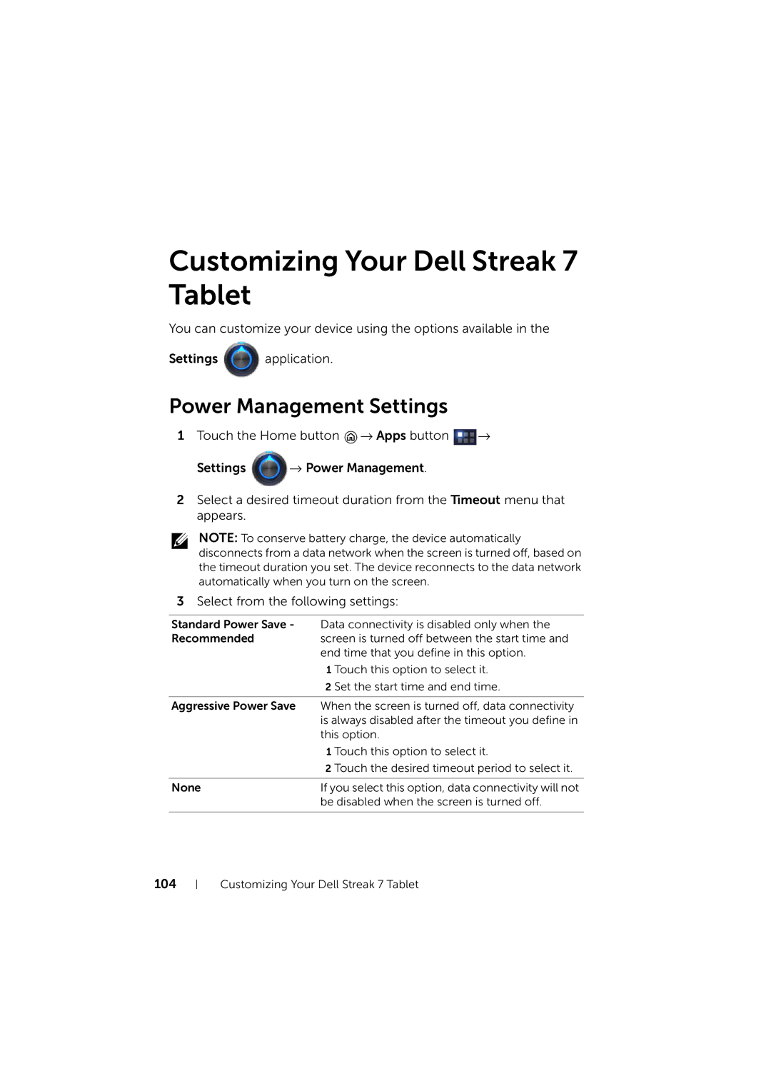 Dell LG7_bk0 user manual Customizing Your Dell Streak 7 Tablet, Power Management Settings 