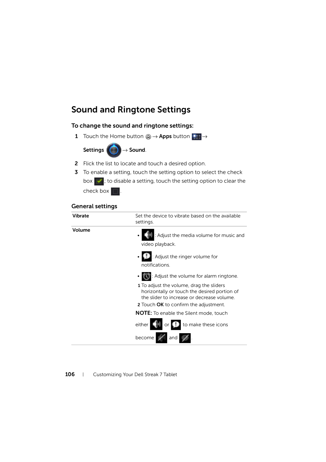 Dell LG7_bk0 user manual Sound and Ringtone Settings, To change the sound and ringtone settings, General settings 