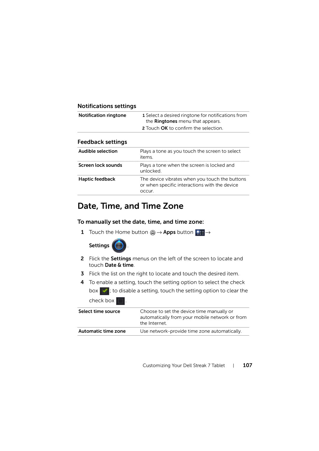 Dell LG7_bk0 user manual Date, Time, and Time Zone, Notifications settings, Feedback settings 