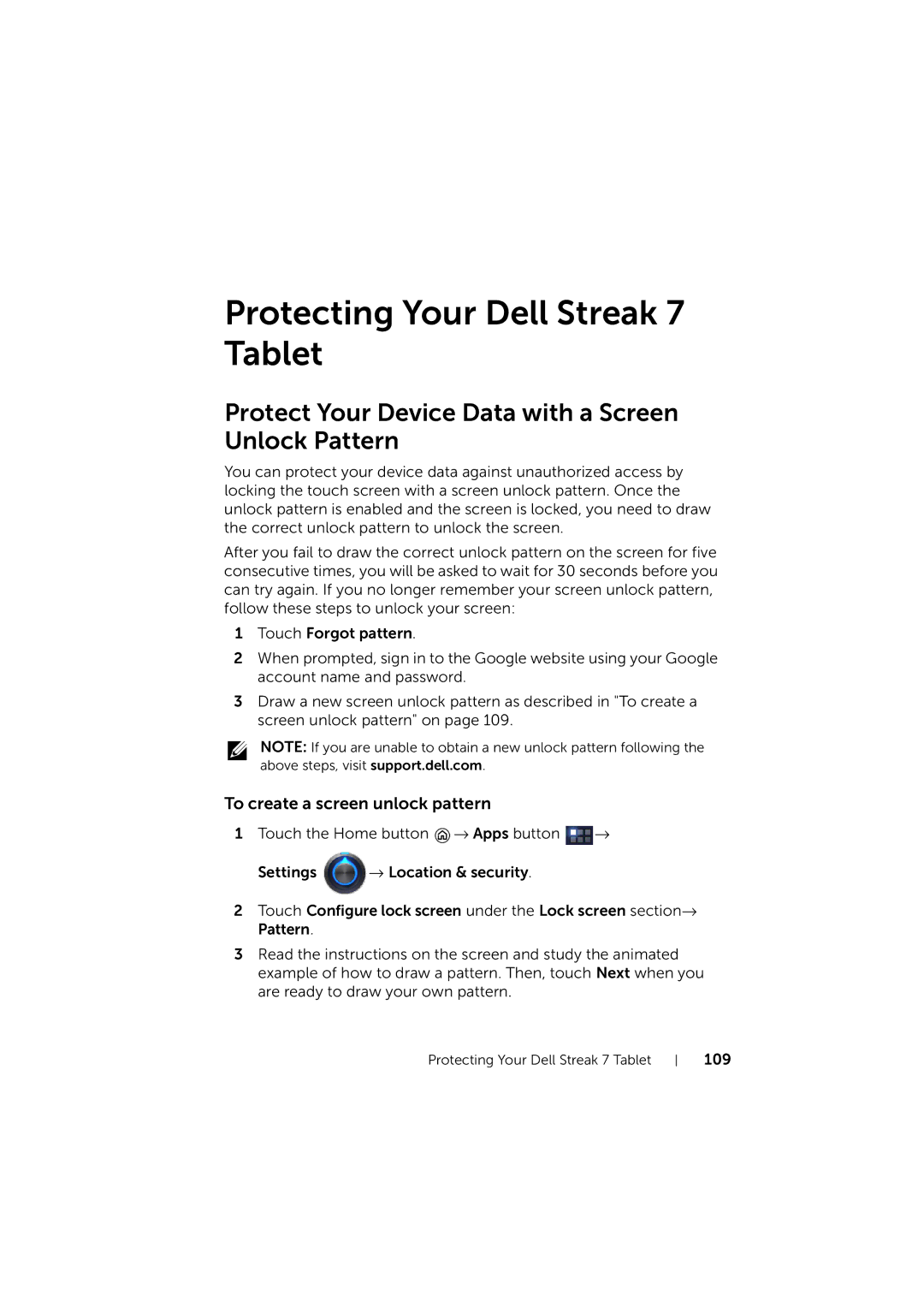 Dell LG7_bk0 user manual Protecting Your Dell Streak 7 Tablet, Protect Your Device Data with a Screen Unlock Pattern 