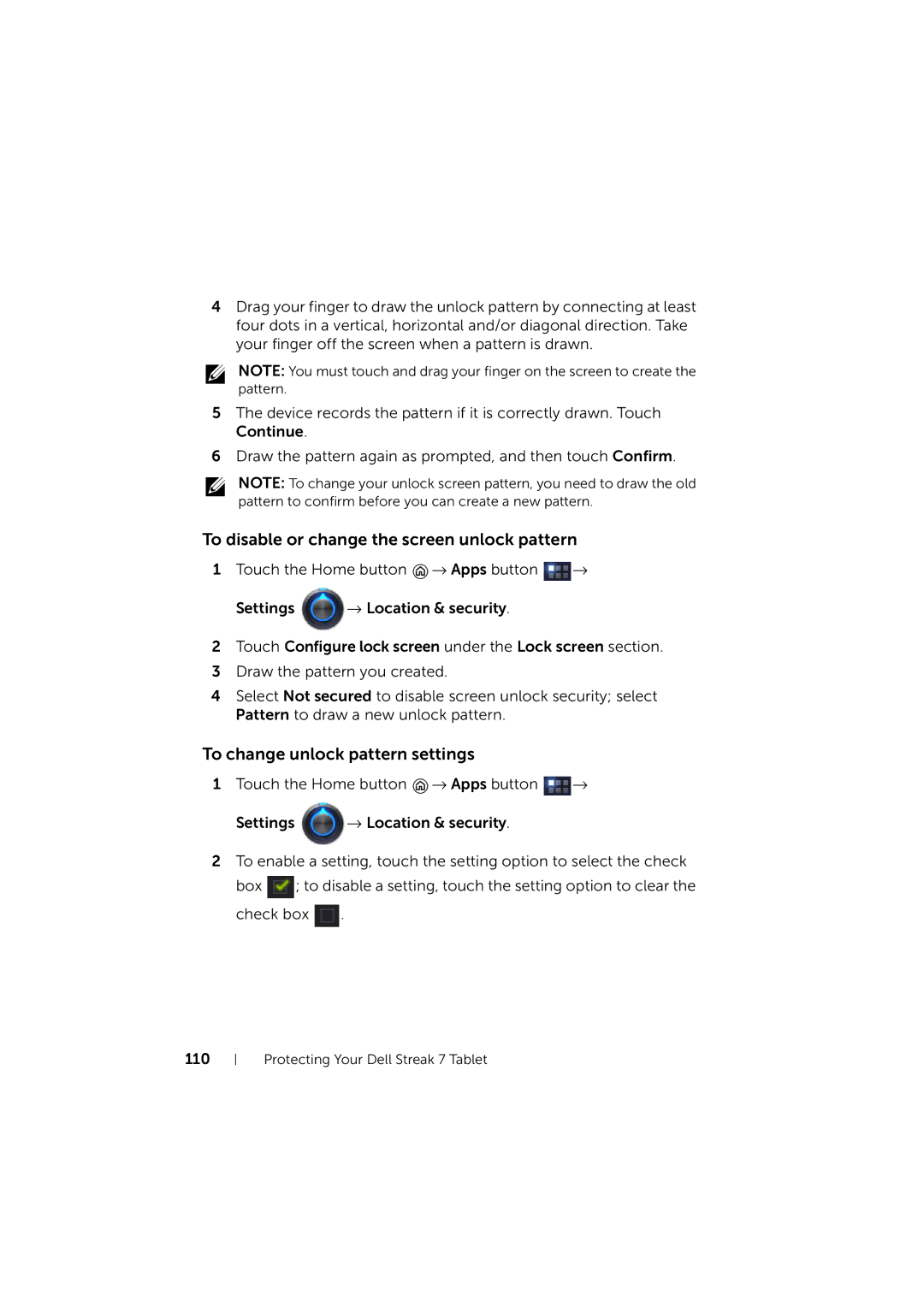 Dell LG7_bk0 user manual To disable or change the screen unlock pattern, To change unlock pattern settings 