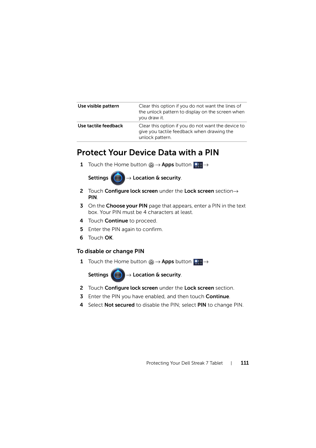 Dell LG7_bk0 user manual Protect Your Device Data with a PIN, To disable or change PIN 