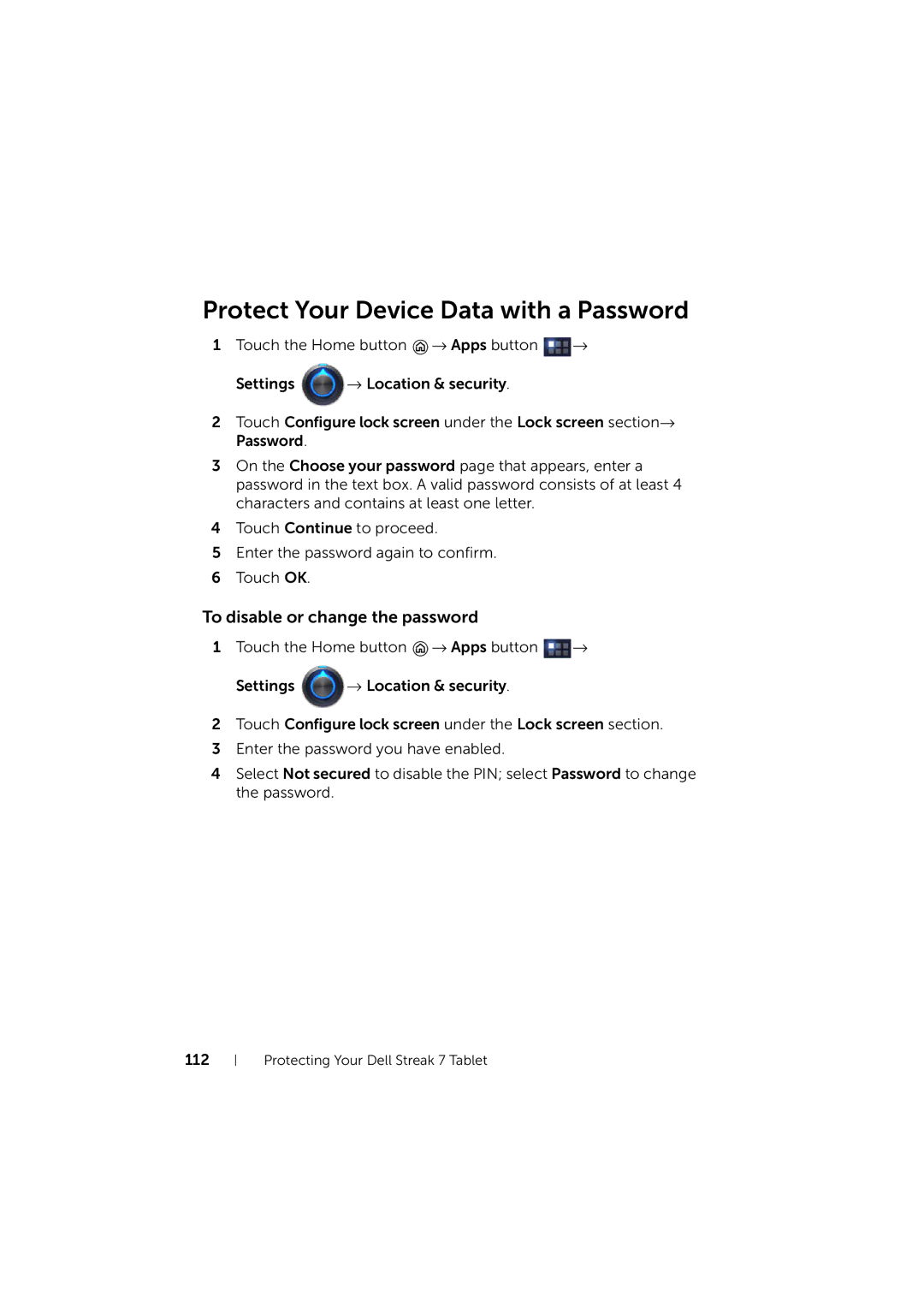 Dell LG7_bk0 user manual Protect Your Device Data with a Password, To disable or change the password 