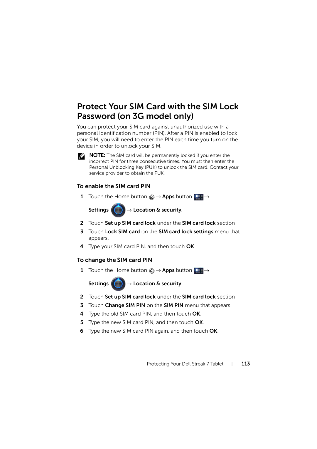 Dell LG7_bk0 user manual To enable the SIM card PIN, To change the SIM card PIN 