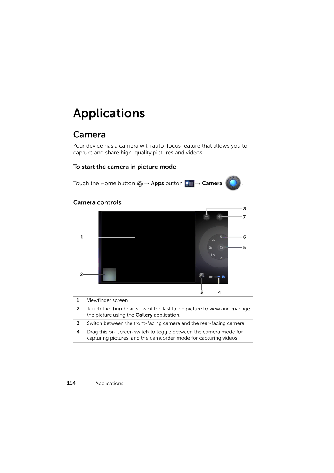 Dell LG7_bk0 user manual Applications, To start the camera in picture mode, Camera controls 