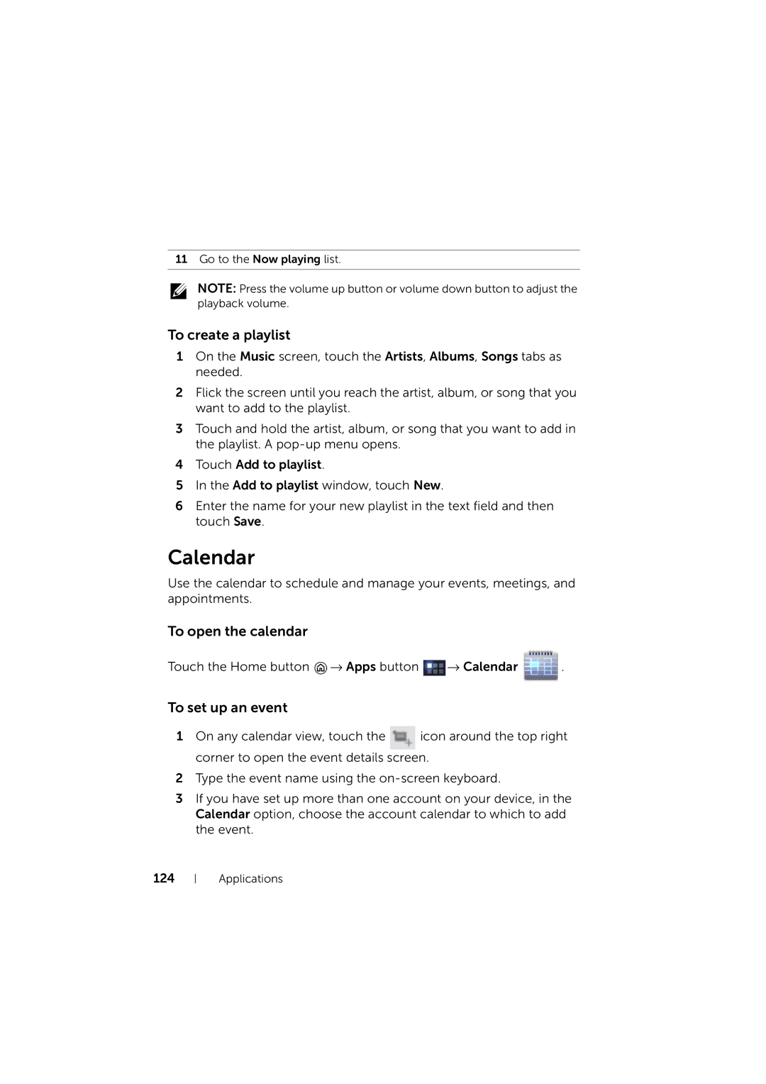 Dell LG7_bk0 user manual Calendar, To create a playlist, To open the calendar, To set up an event 