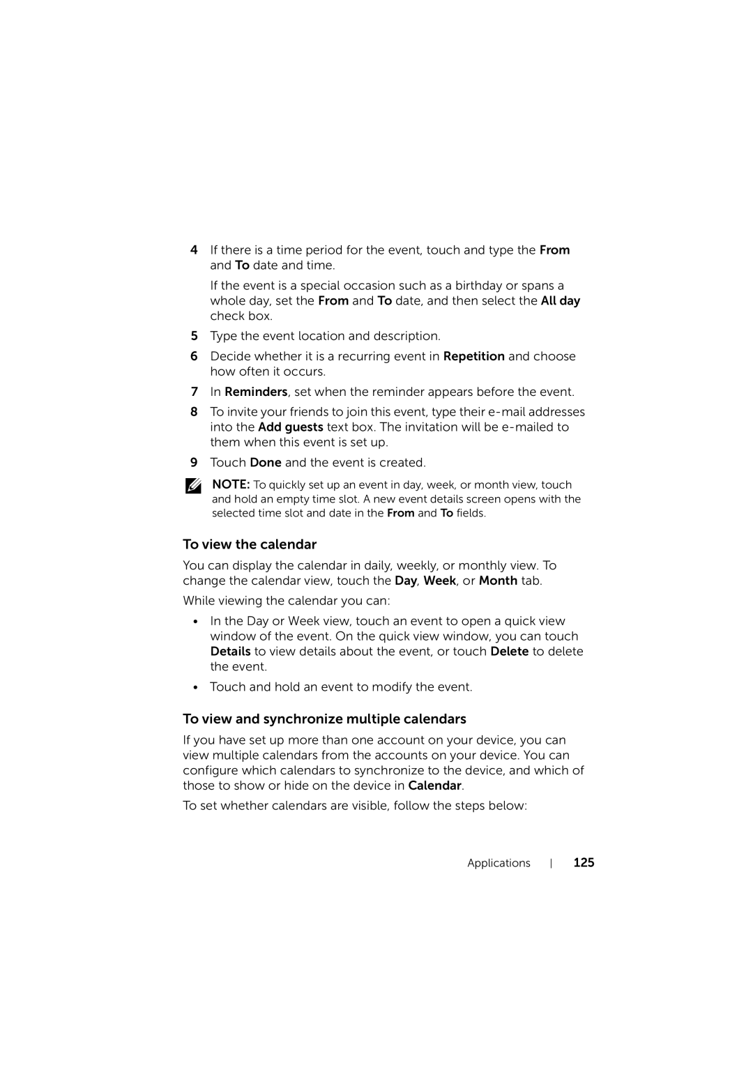 Dell LG7_bk0 user manual To view the calendar, To view and synchronize multiple calendars 