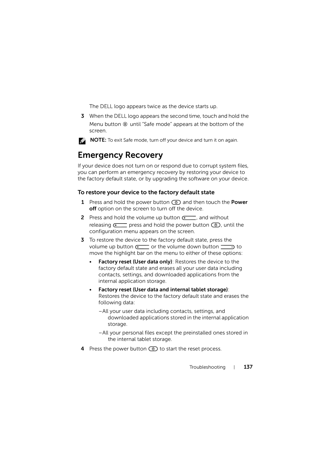 Dell LG7_bk0 user manual Emergency Recovery, To restore your device to the factory default state 