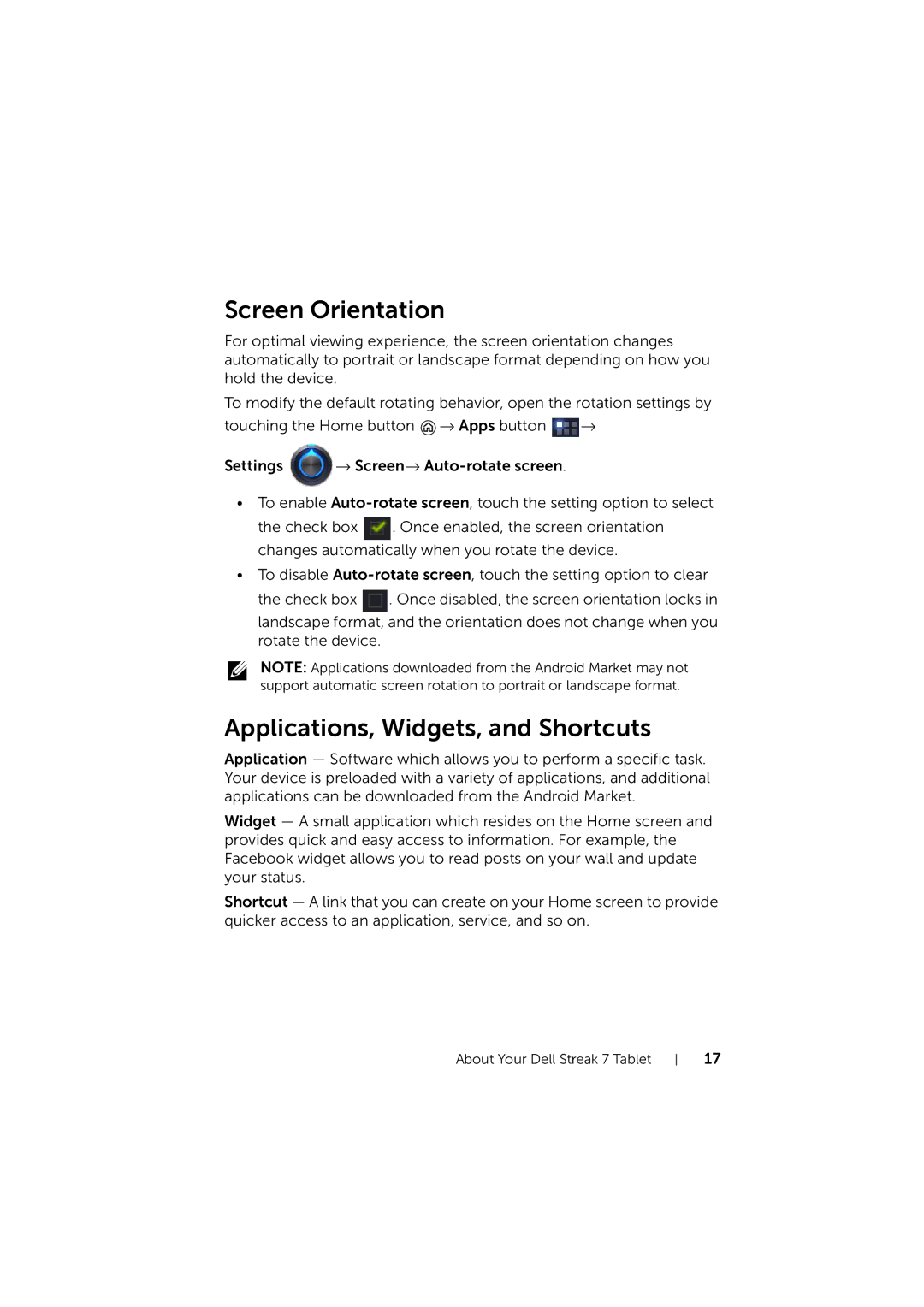 Dell LG7_bk0 user manual Screen Orientation, Applications, Widgets, and Shortcuts 