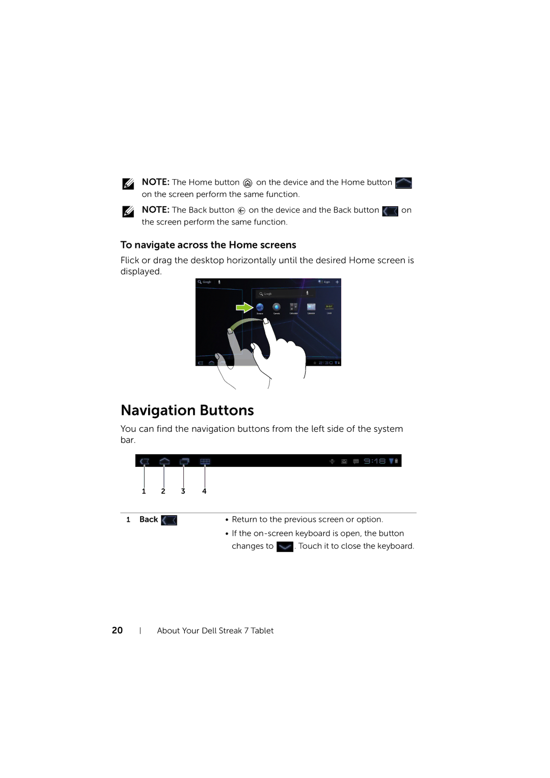 Dell LG7_bk0 user manual Navigation Buttons, To navigate across the Home screens 