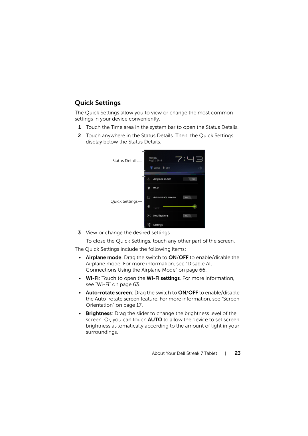 Dell LG7_bk0 user manual Quick Settings 