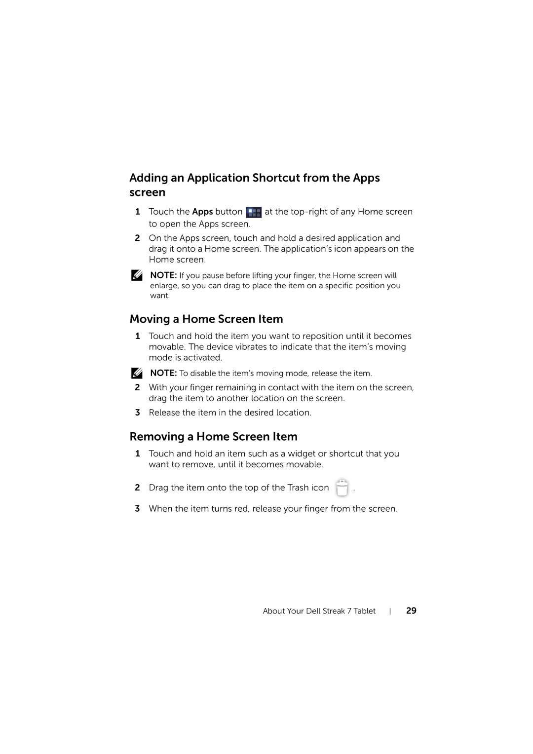 Dell LG7_bk0 Adding an Application Shortcut from the Apps screen, Moving a Home Screen Item, Removing a Home Screen Item 
