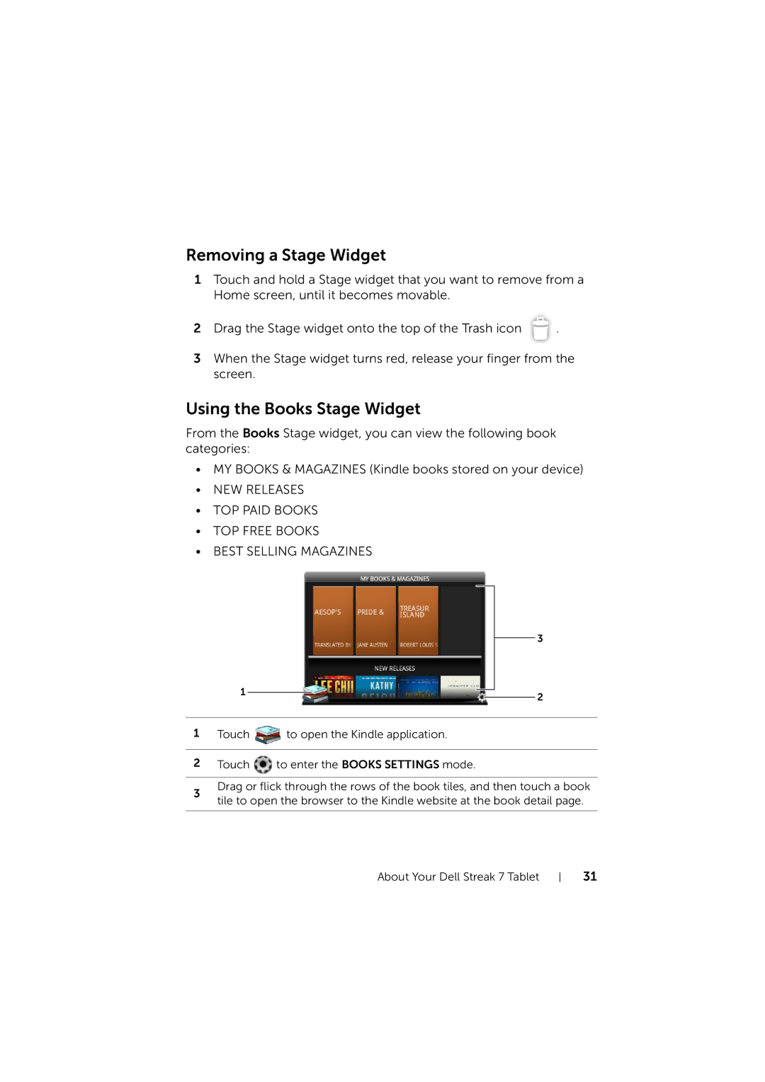 Dell LG7_bk0 user manual Removing a Stage Widget, Using the Books Stage Widget 