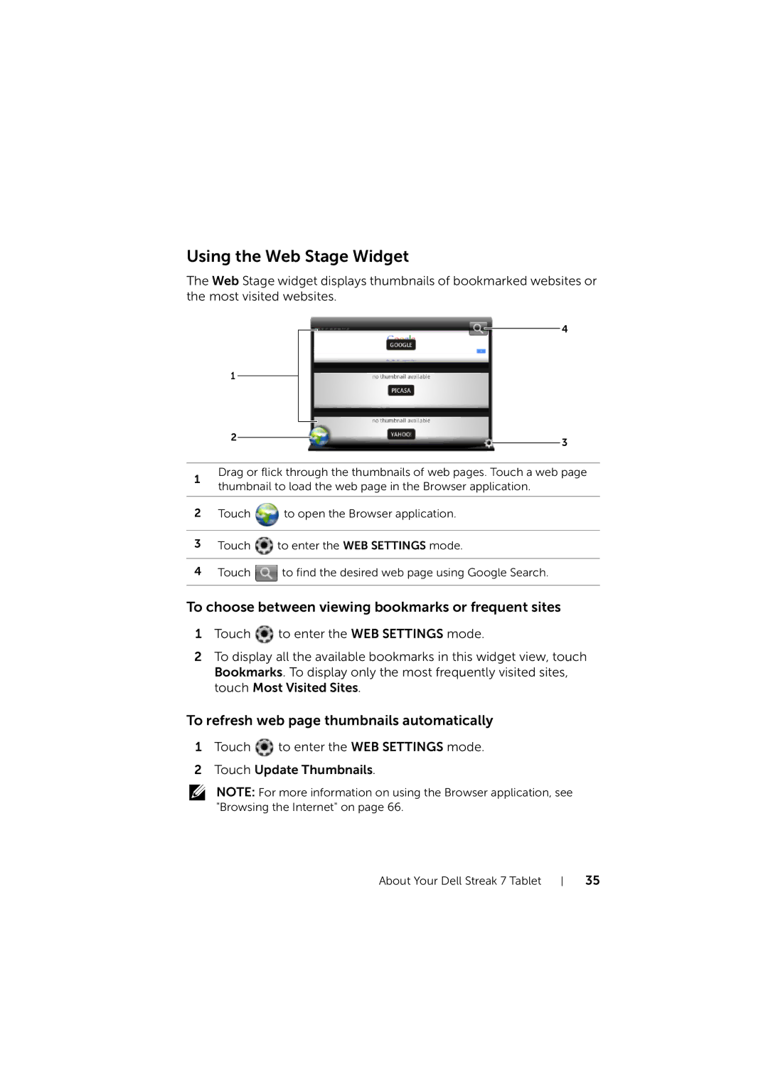 Dell LG7_bk0 user manual Using the Web Stage Widget, To choose between viewing bookmarks or frequent sites 