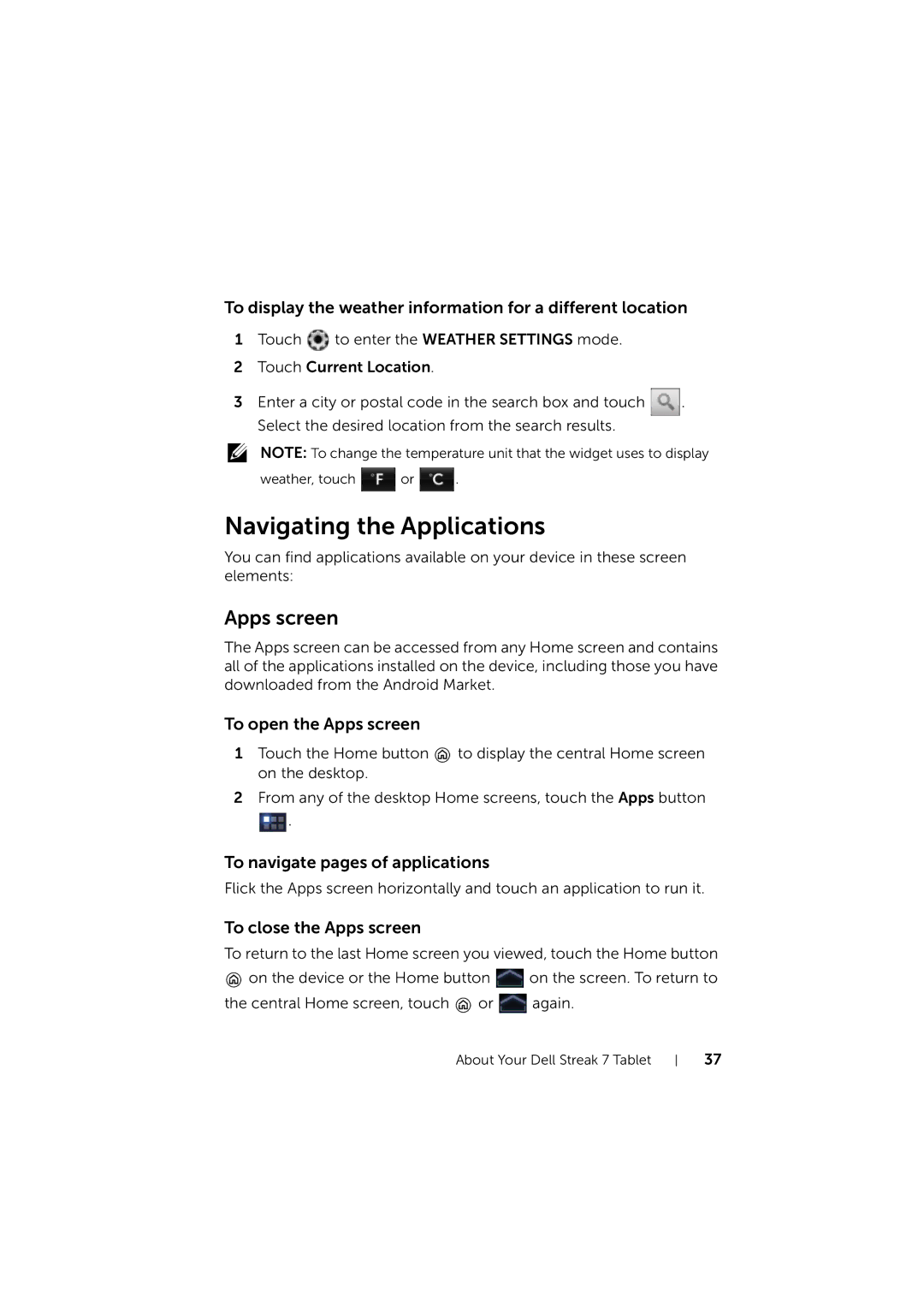 Dell LG7_bk0 user manual Navigating the Applications, Apps screen 