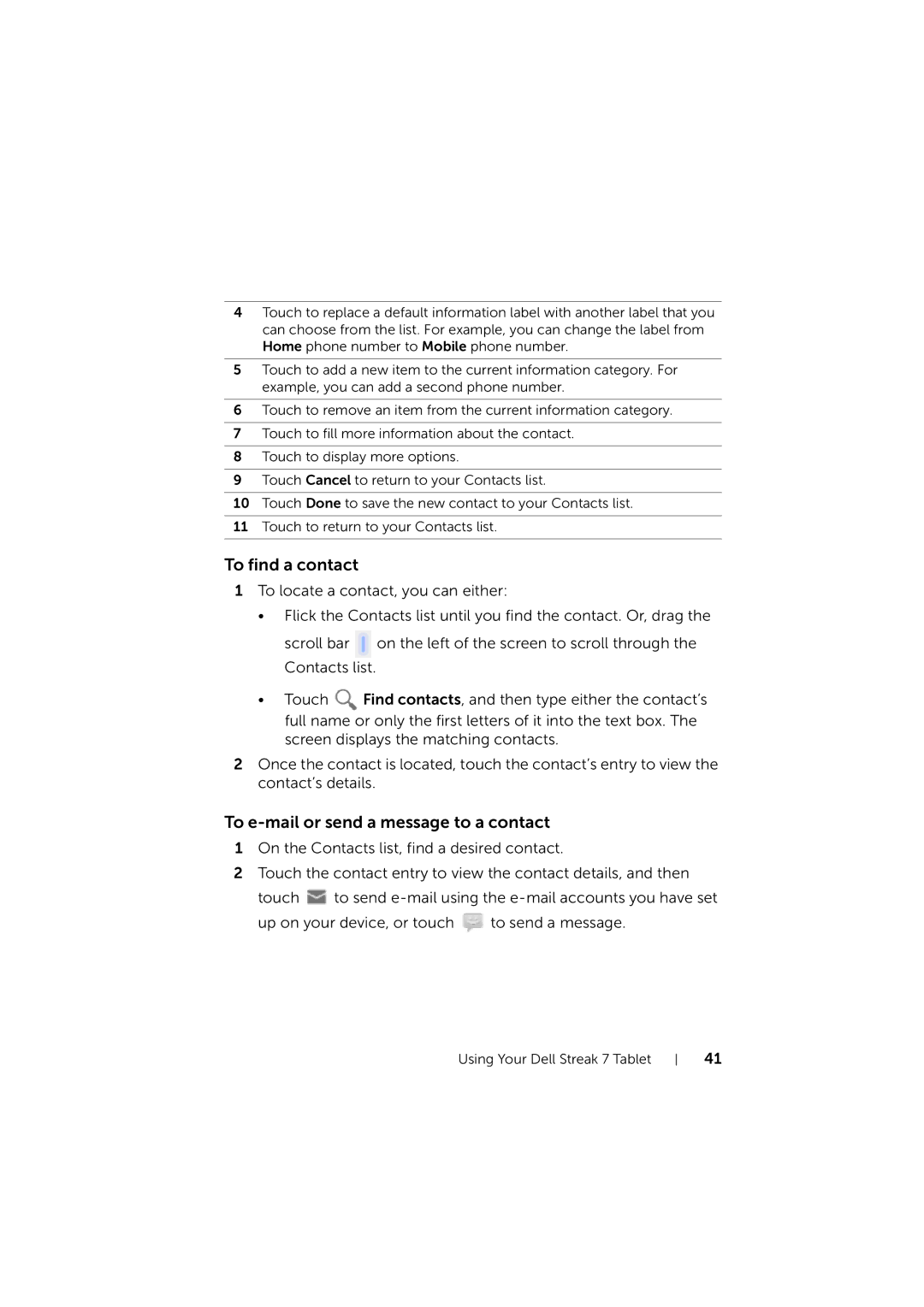 Dell LG7_bk0 user manual To find a contact, To e-mail or send a message to a contact 