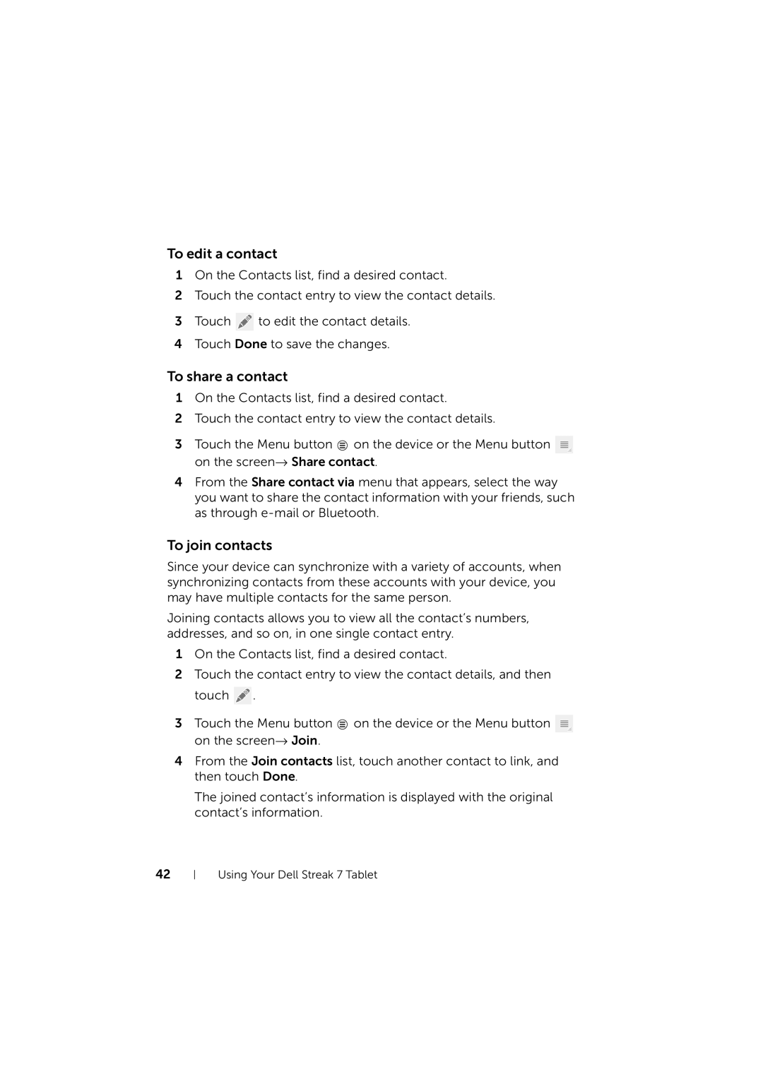 Dell LG7_bk0 user manual To edit a contact, To share a contact, To join contacts 