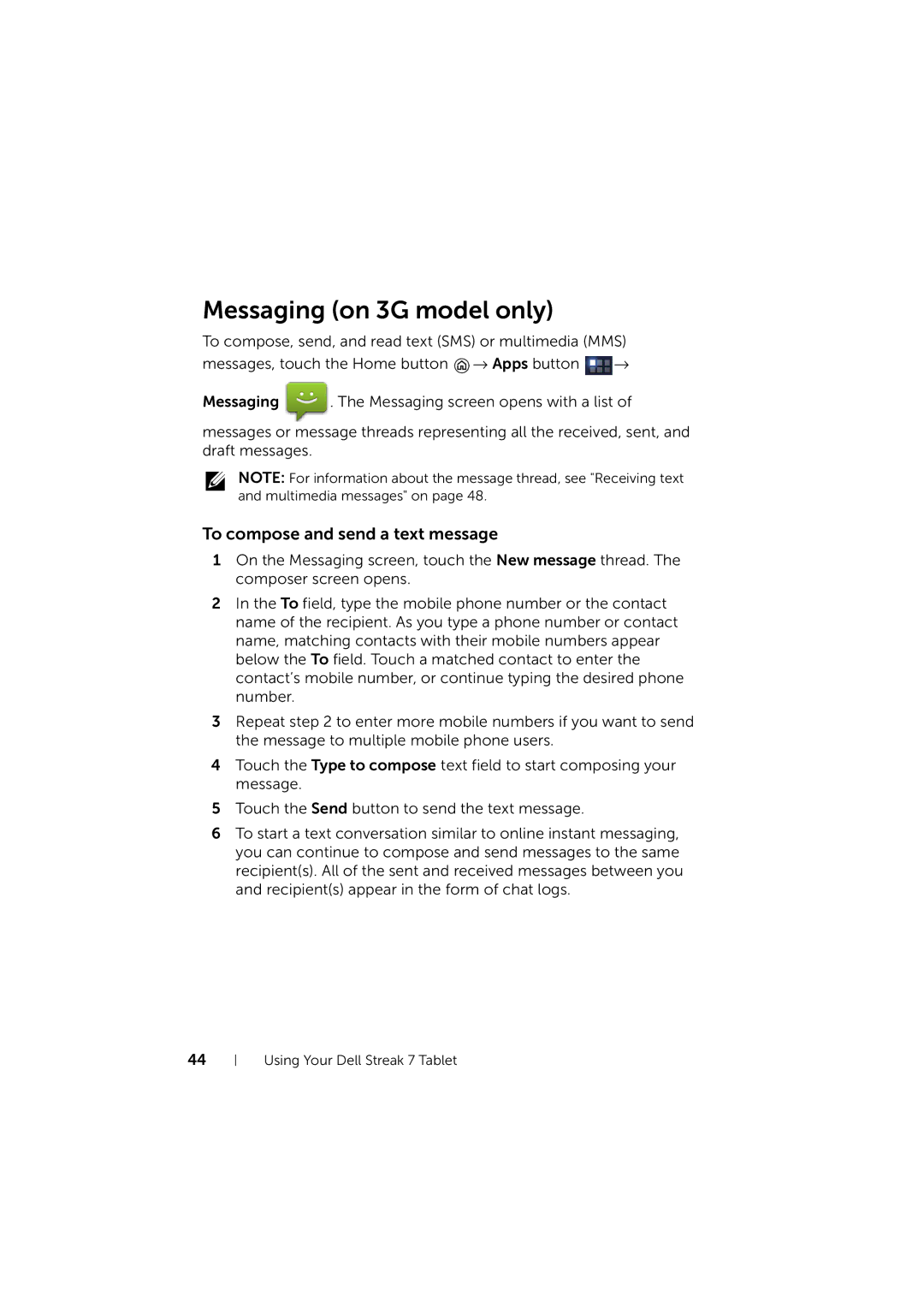 Dell LG7_bk0 user manual Messaging on 3G model only, To compose and send a text message 