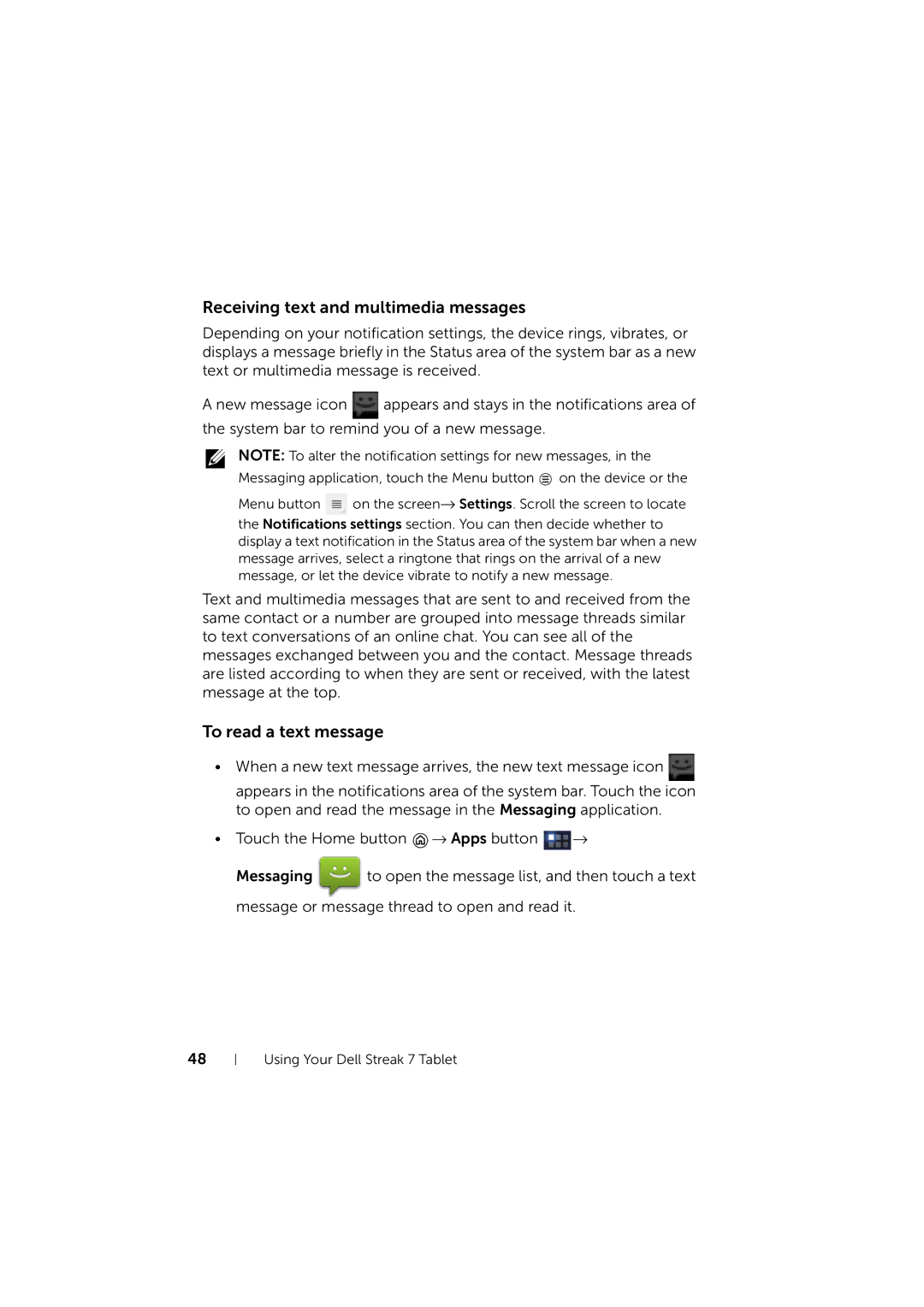 Dell LG7_bk0 user manual Receiving text and multimedia messages, To read a text message 