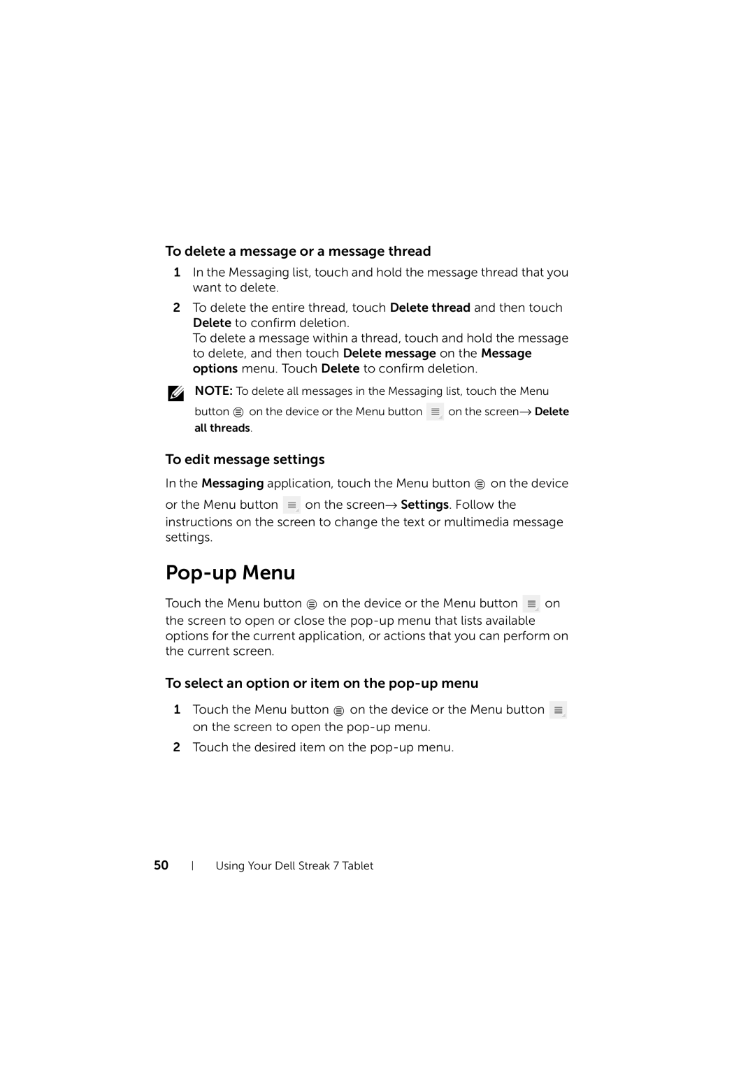 Dell LG7_bk0 user manual Pop-up Menu, To delete a message or a message thread, To edit message settings 