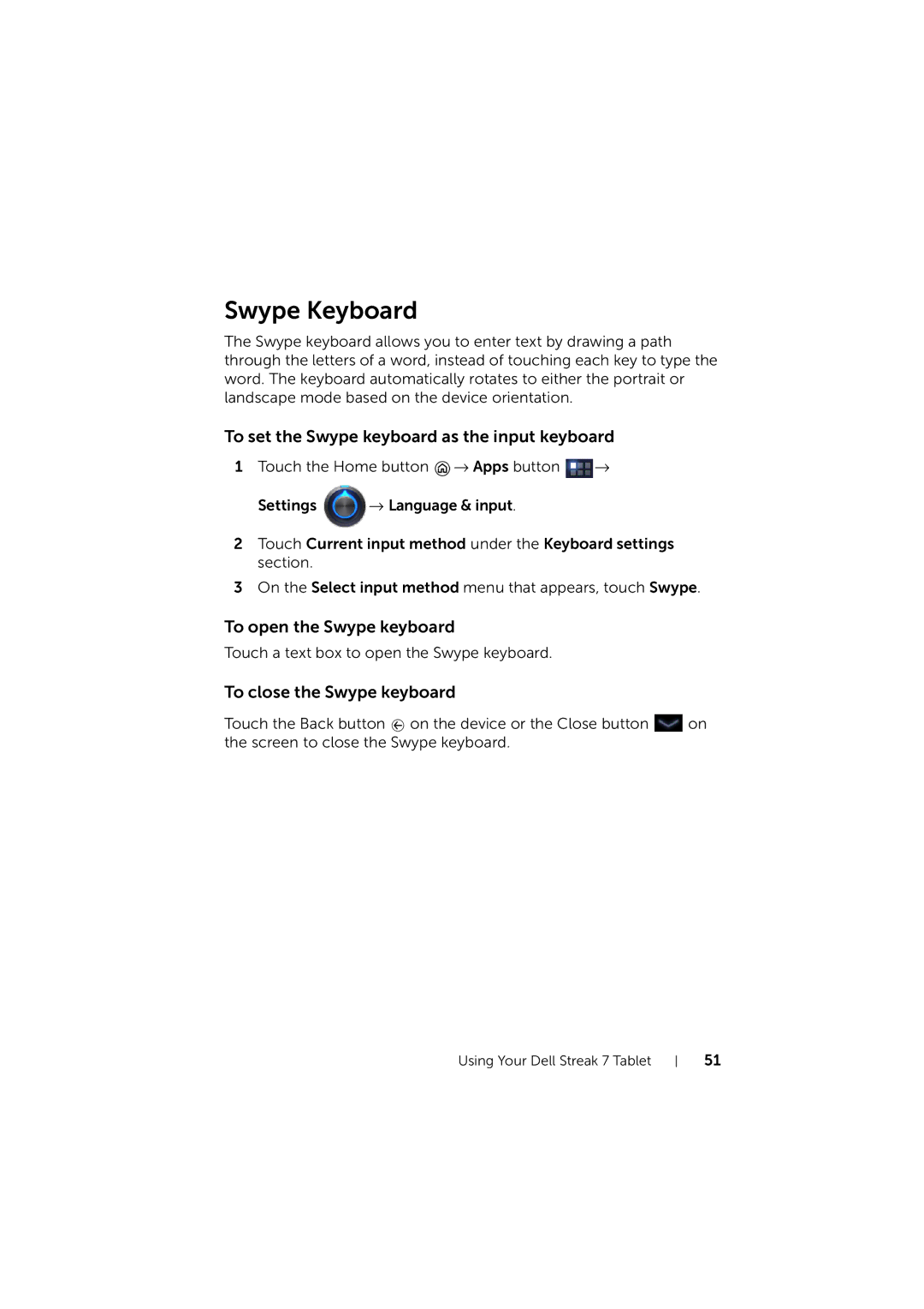 Dell LG7_bk0 user manual Swype Keyboard, To set the Swype keyboard as the input keyboard, To open the Swype keyboard 