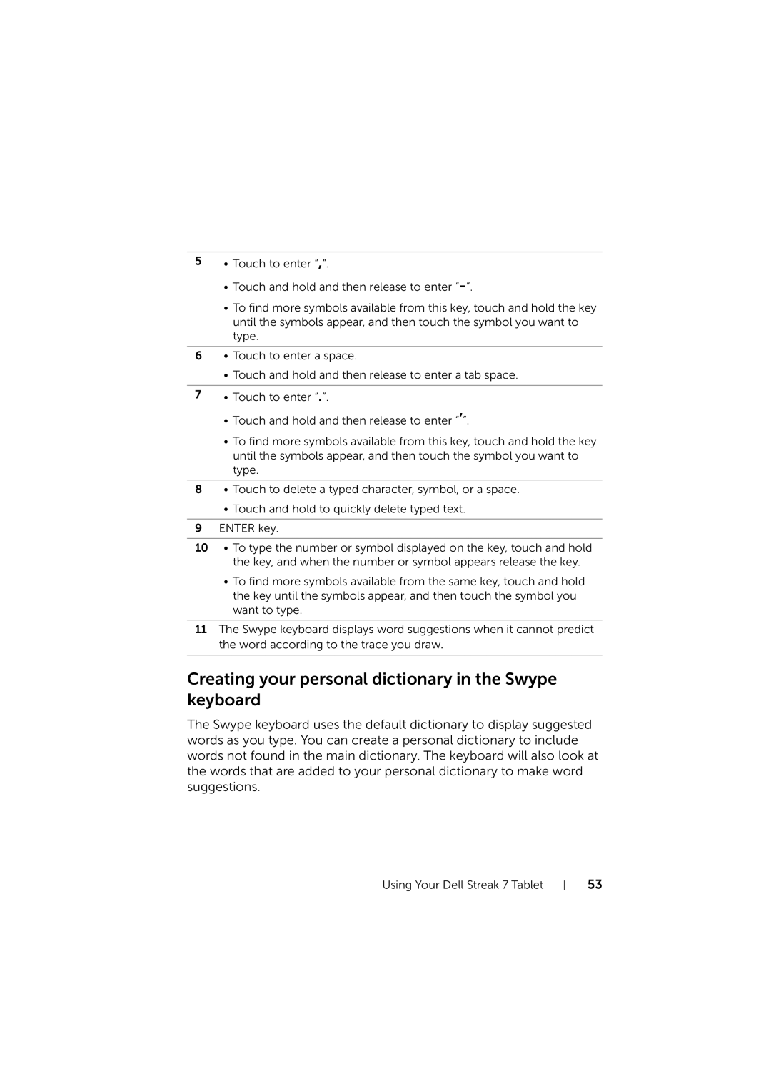 Dell LG7_bk0 user manual Creating your personal dictionary in the Swype keyboard 