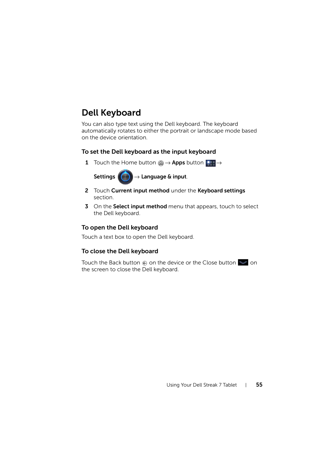 Dell LG7_bk0 user manual Dell Keyboard, To set the Dell keyboard as the input keyboard, To open the Dell keyboard 