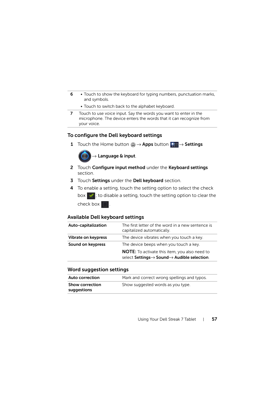 Dell LG7_bk0 To configure the Dell keyboard settings, Available Dell keyboard settings, Word suggestion settings 