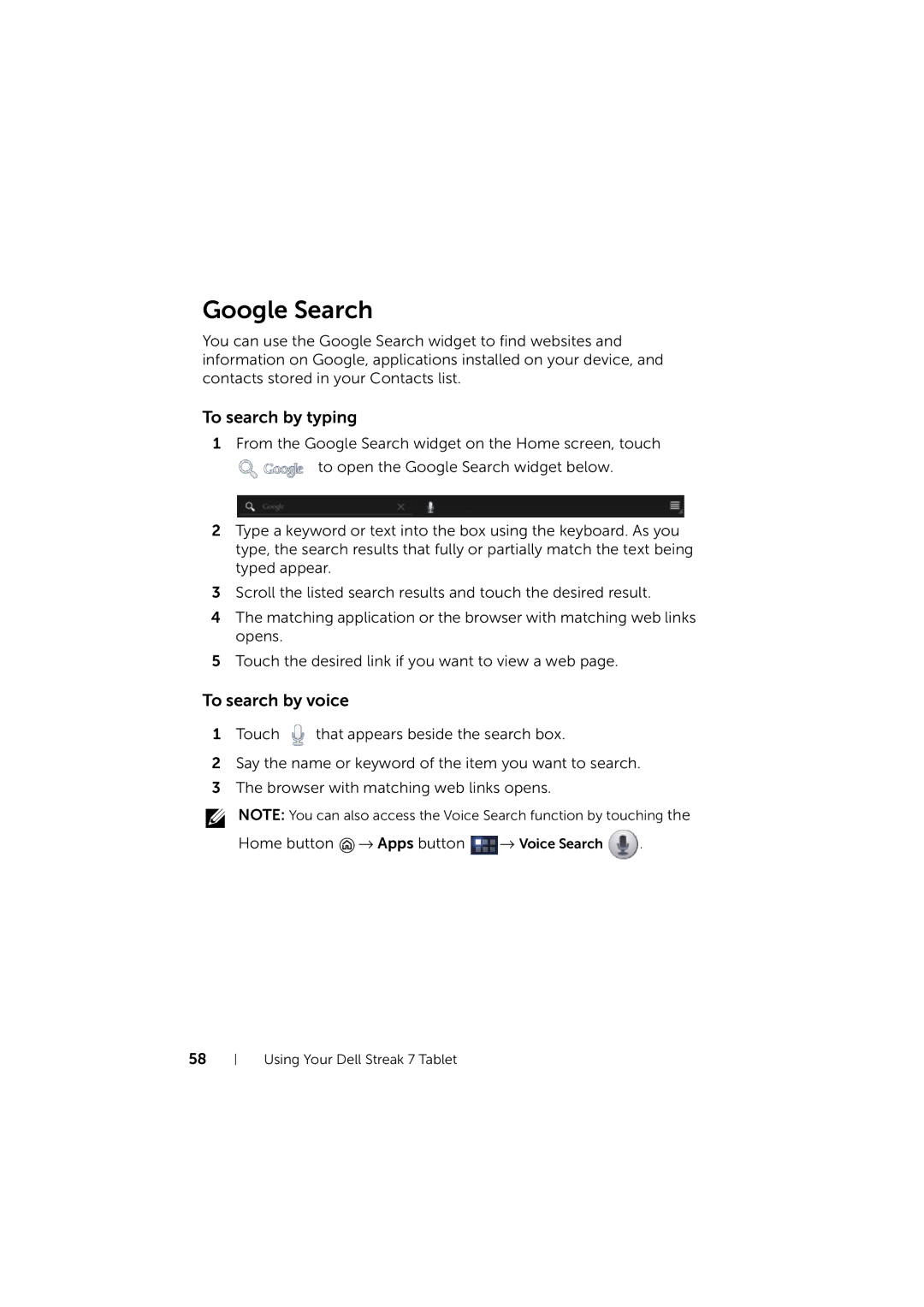 Dell LG7_bk0 user manual Google Search, To search by typing, To search by voice 