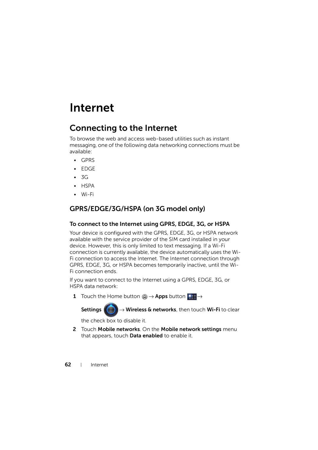 Dell LG7_bk0 user manual Connecting to the Internet, GPRS/EDGE/3G/HSPA on 3G model only 