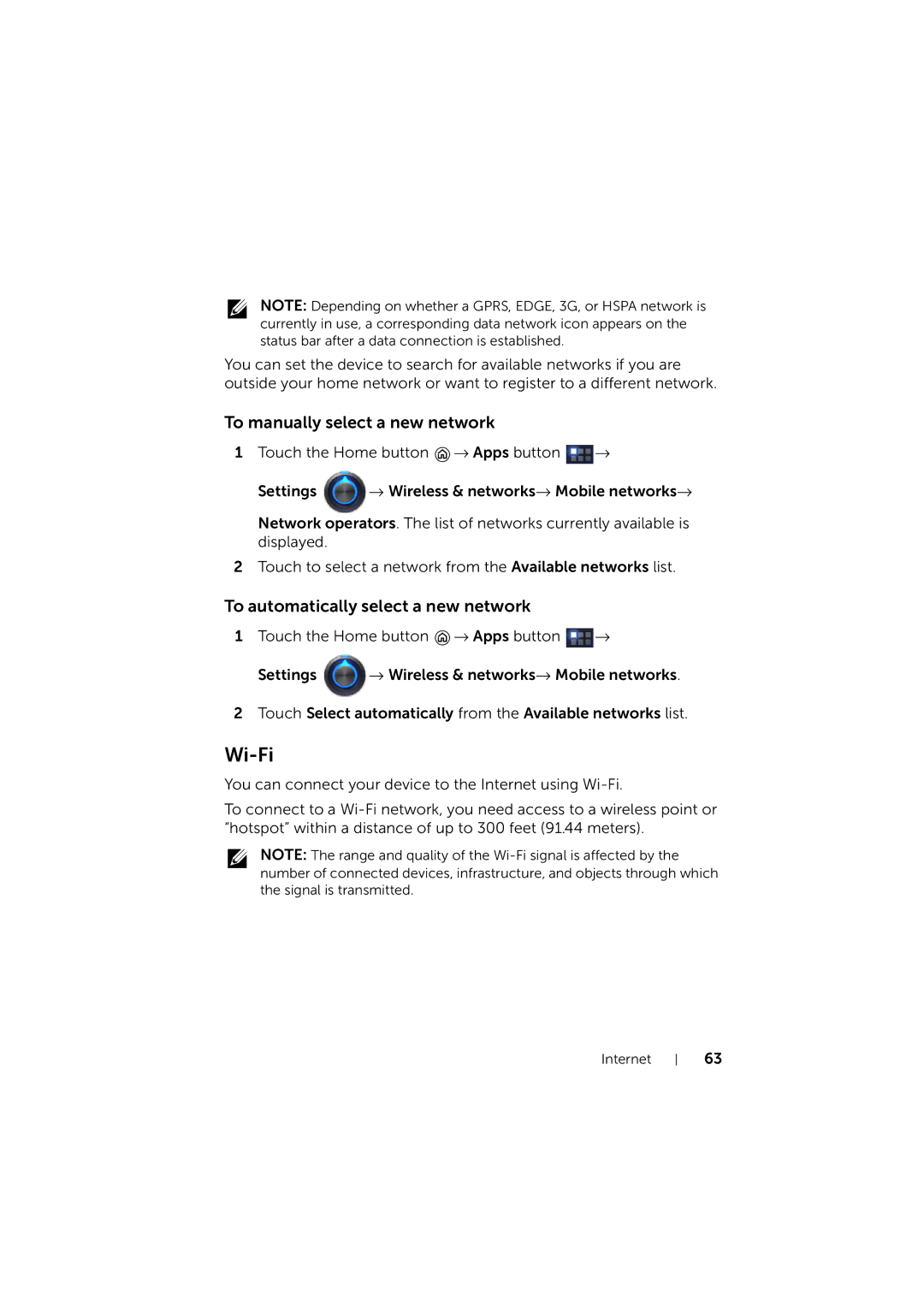 Dell LG7_bk0 user manual Wi-Fi, To manually select a new network, To automatically select a new network 