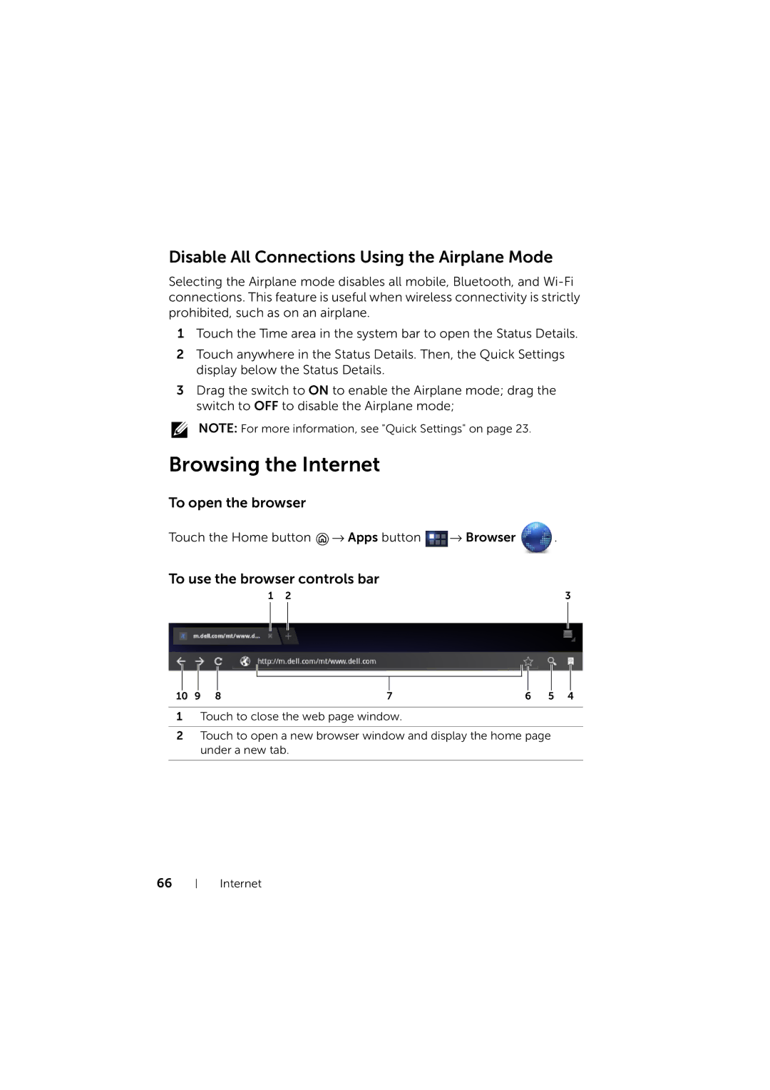 Dell LG7_bk0 user manual Browsing the Internet, Disable All Connections Using the Airplane Mode, To open the browser 