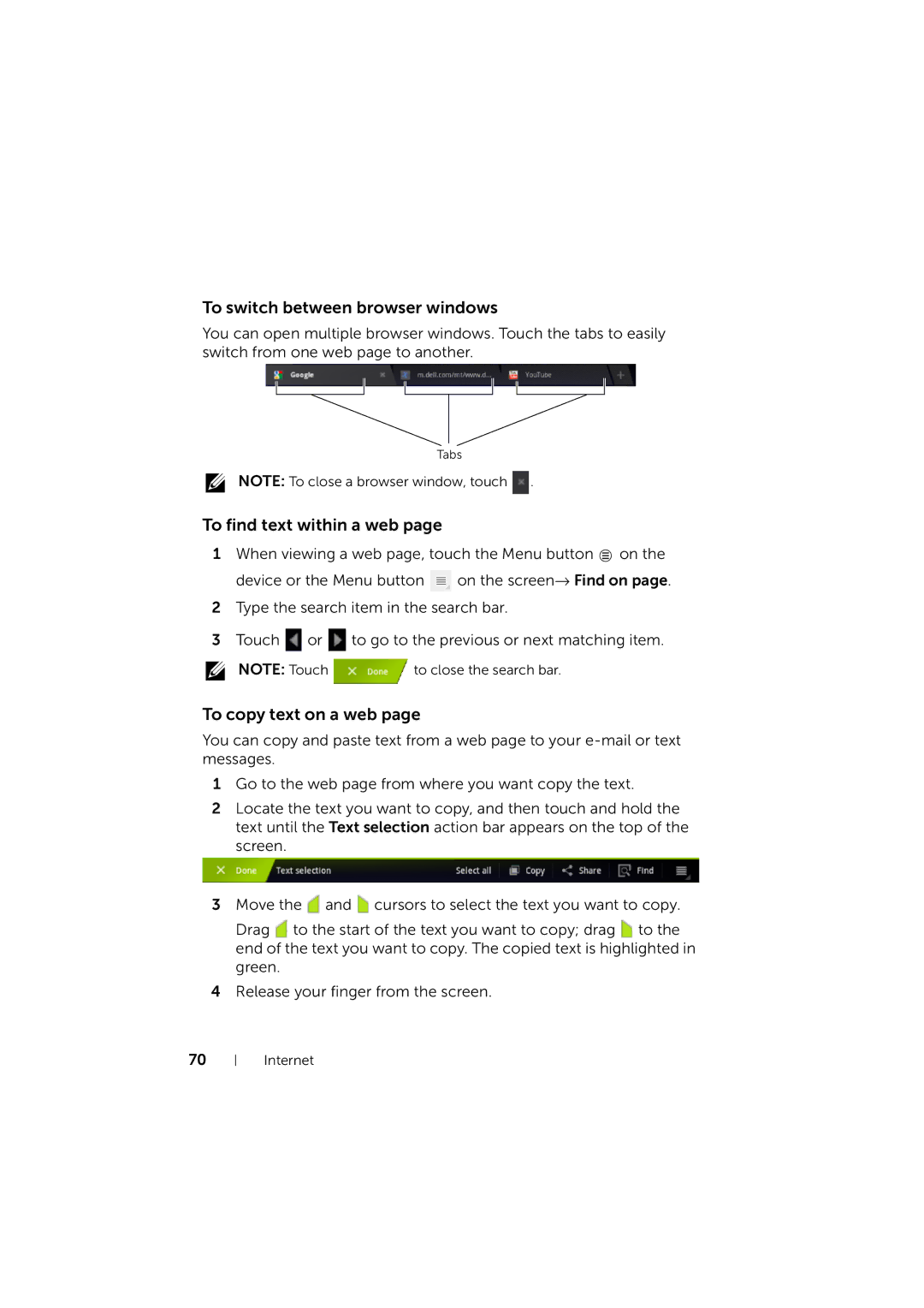 Dell LG7_bk0 user manual To switch between browser windows, To find text within a web, To copy text on a web 