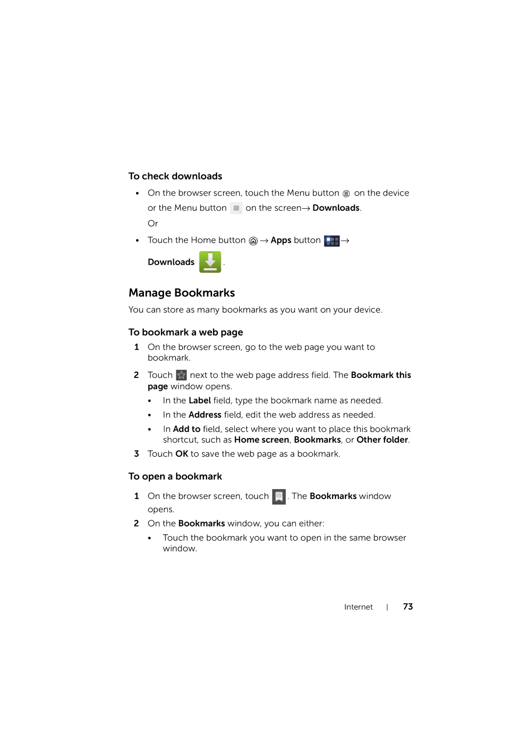 Dell LG7_bk0 user manual Manage Bookmarks, To check downloads, To bookmark a web, To open a bookmark 